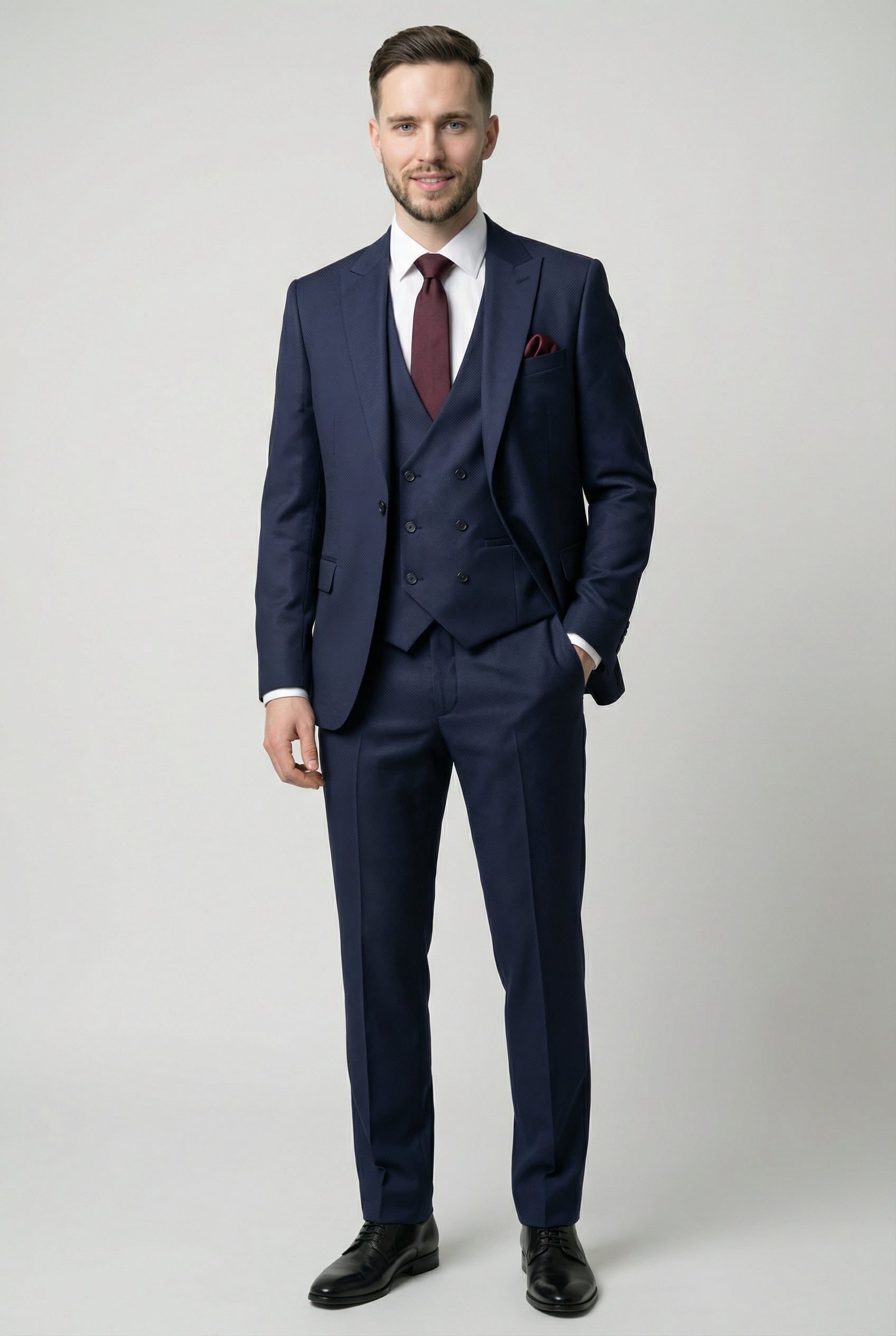 Men’s 3-Piece Textured Suit with Double-Breasted Waistcoat - CORE - Navy Blue