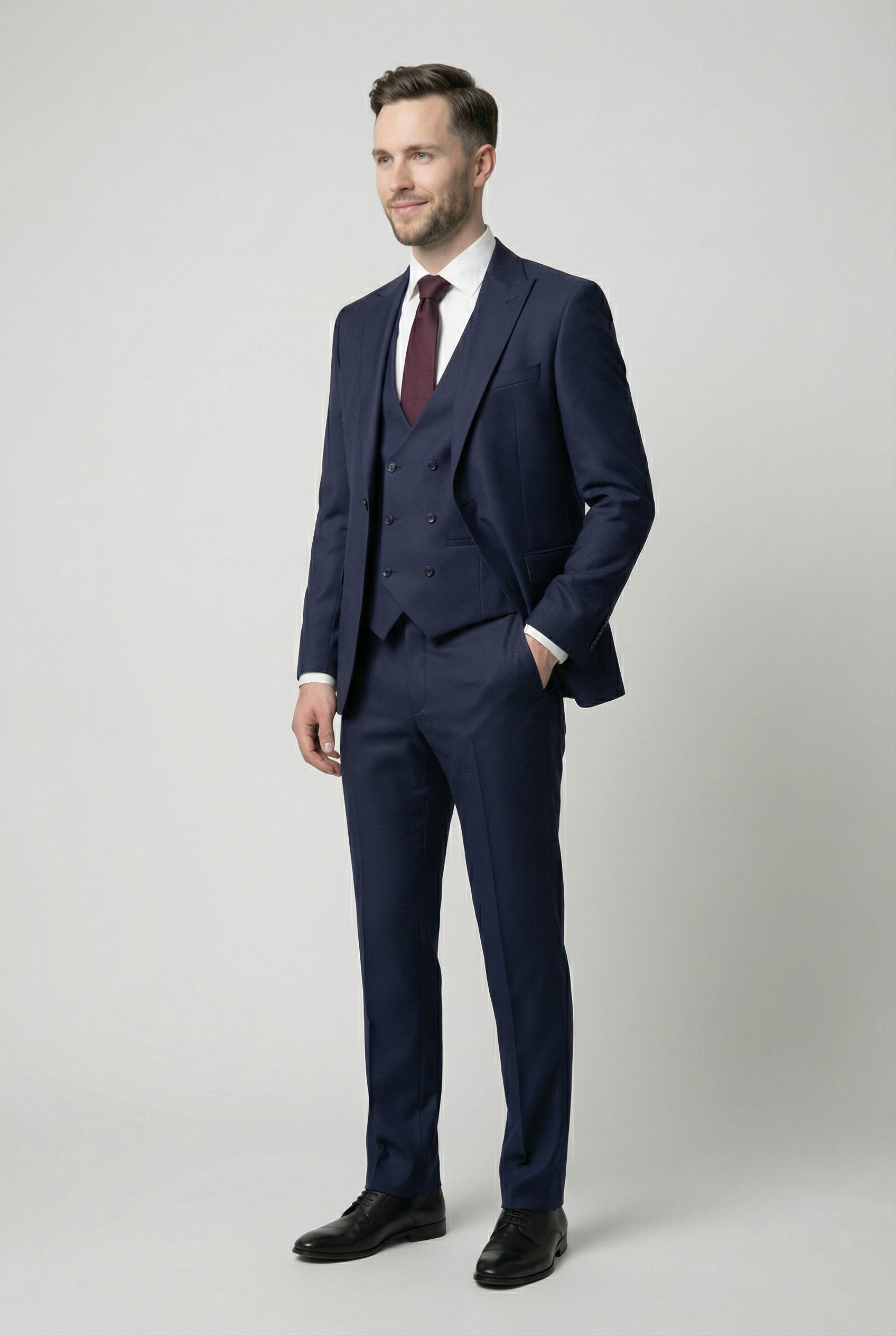 Men’s 3-Piece Textured Suit with Double-Breasted Waistcoat - CORE - Navy Blue