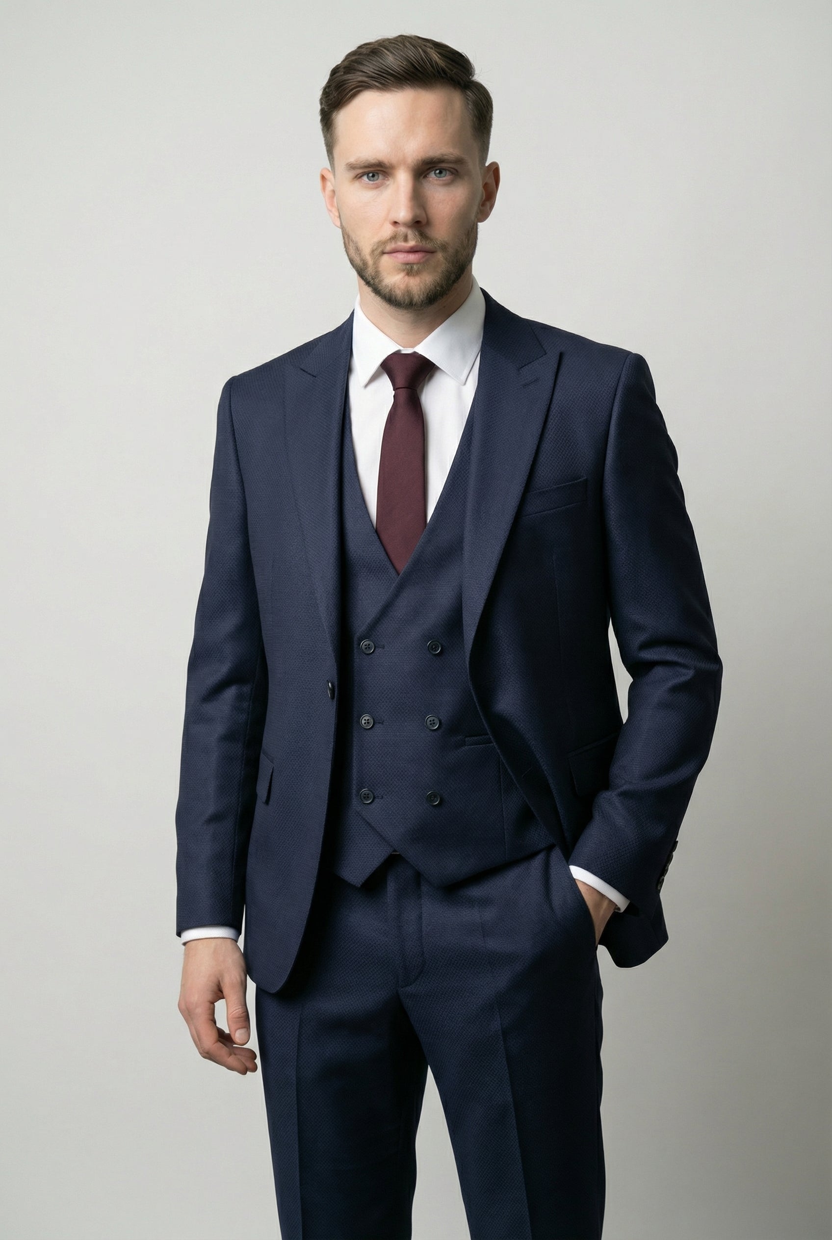 Men’s 3-Piece Textured Suit with Double-Breasted Waistcoat - CORE - Navy Blue