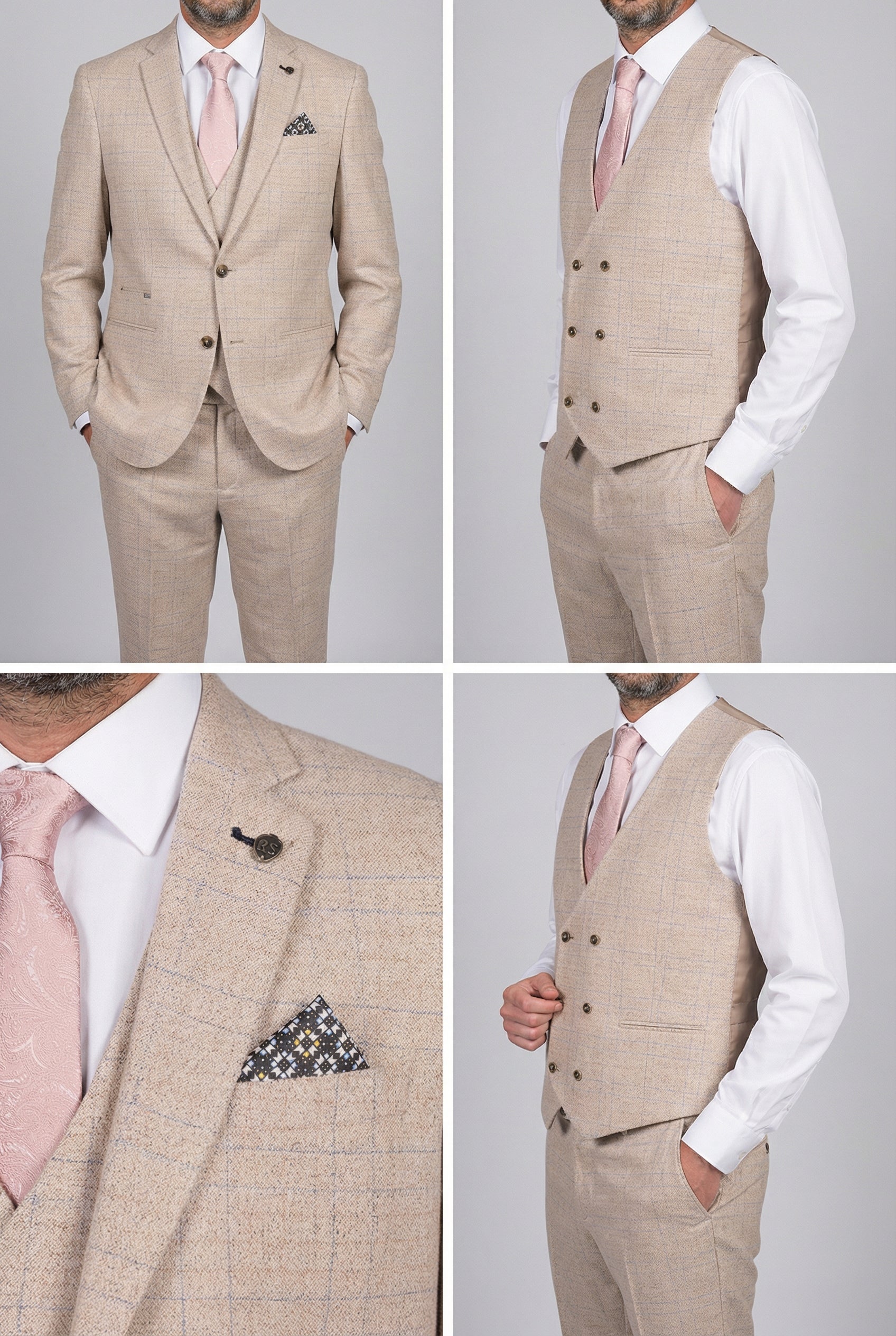 Men’s 3-Piece Tweed Like Glen Check Suit - Luis - Beige