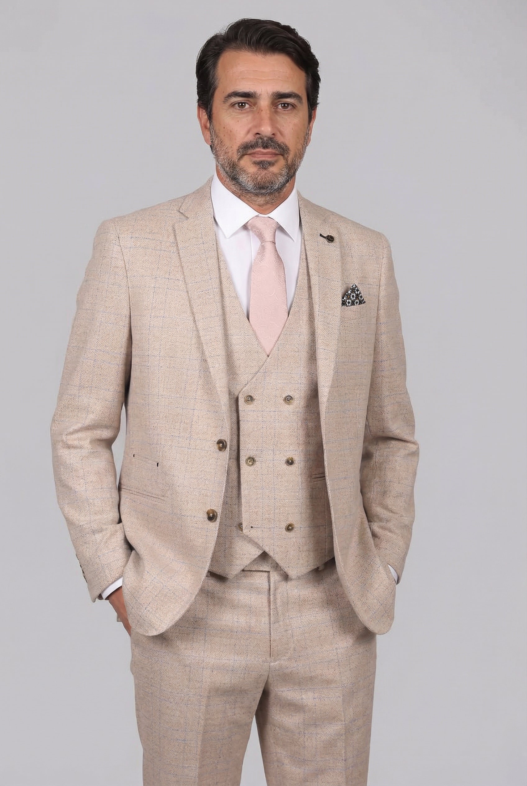 Men’s 3-Piece Tweed Like Glen Check Suit - Luis - Beige