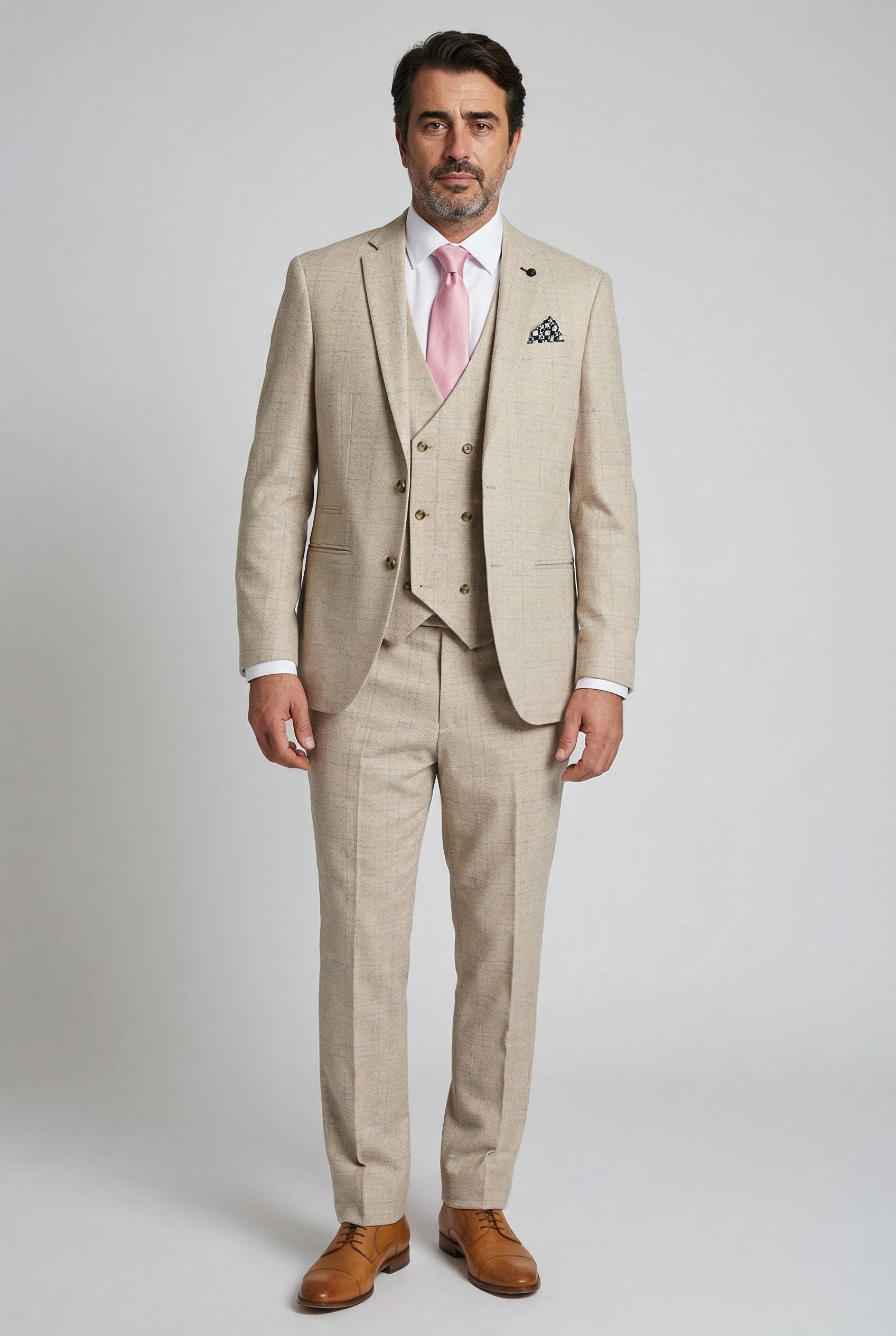Men’s 3-Piece Tweed Like Glen Check Suit - Luis - Beige