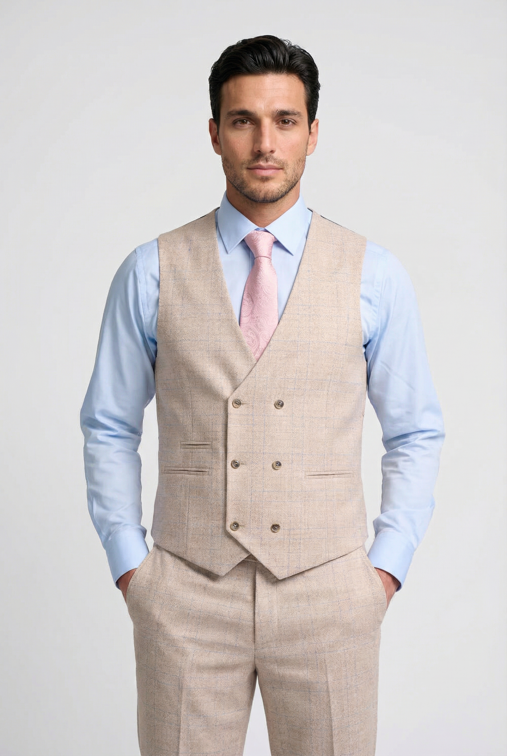 Men’s 3-Piece Tweed Like Glen Check Suit - Luis - Beige