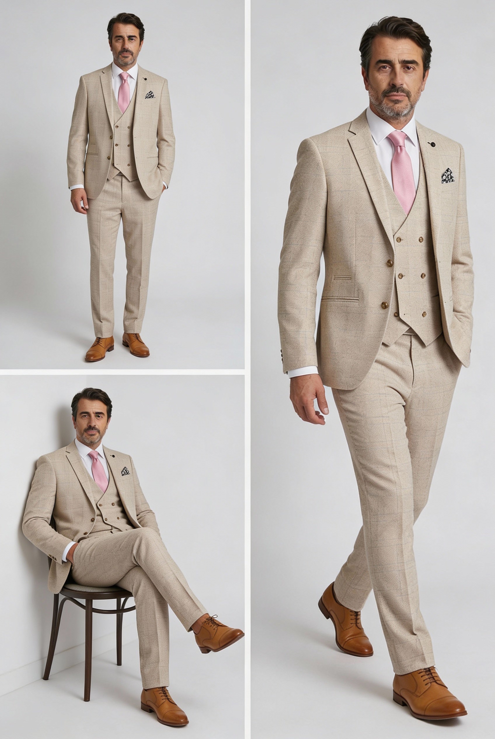 Men’s 3-Piece Tweed Like Glen Check Suit - Luis - Beige