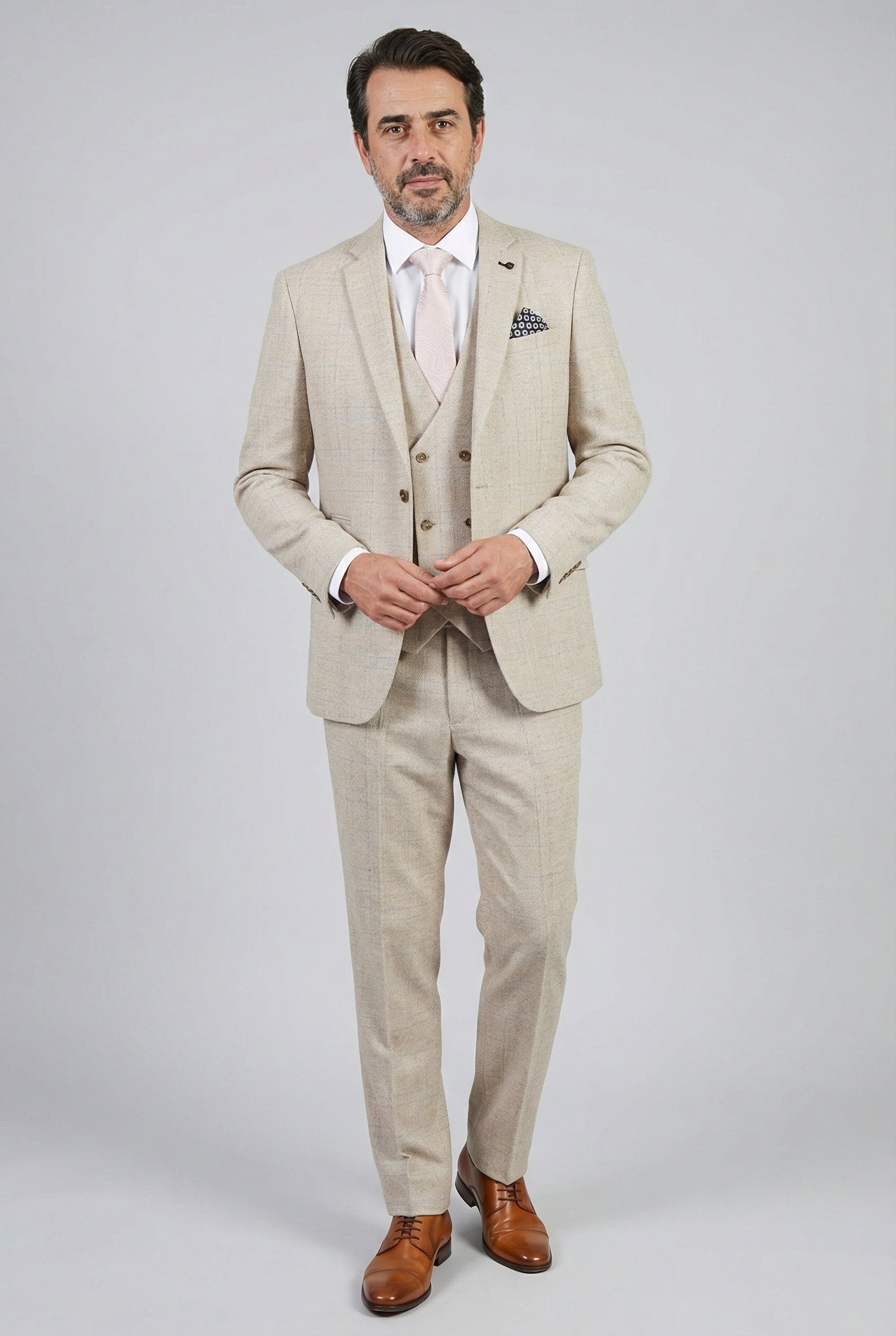 Men’s 3-Piece Tweed Like Glen Check Suit - Luis - Beige