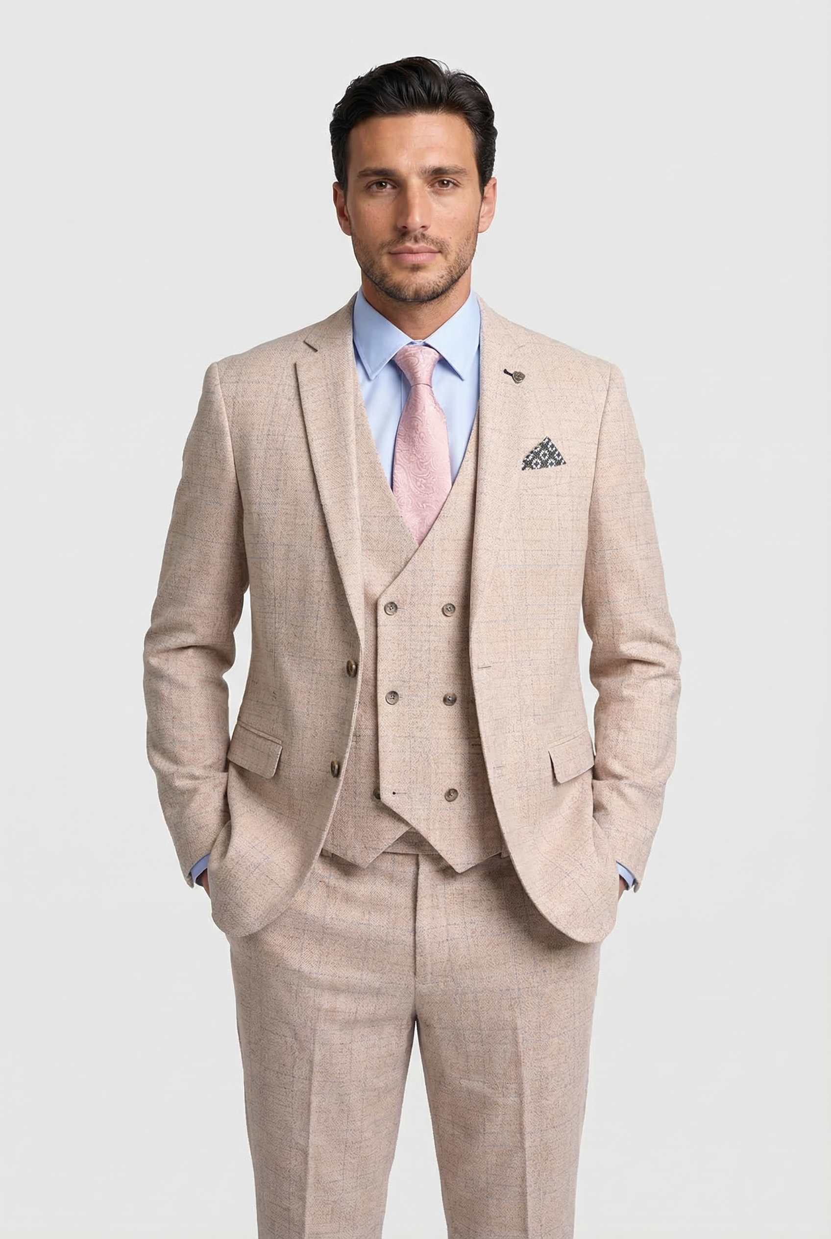 Men’s 3-Piece Tweed Like Glen Check Suit - Luis - Beige