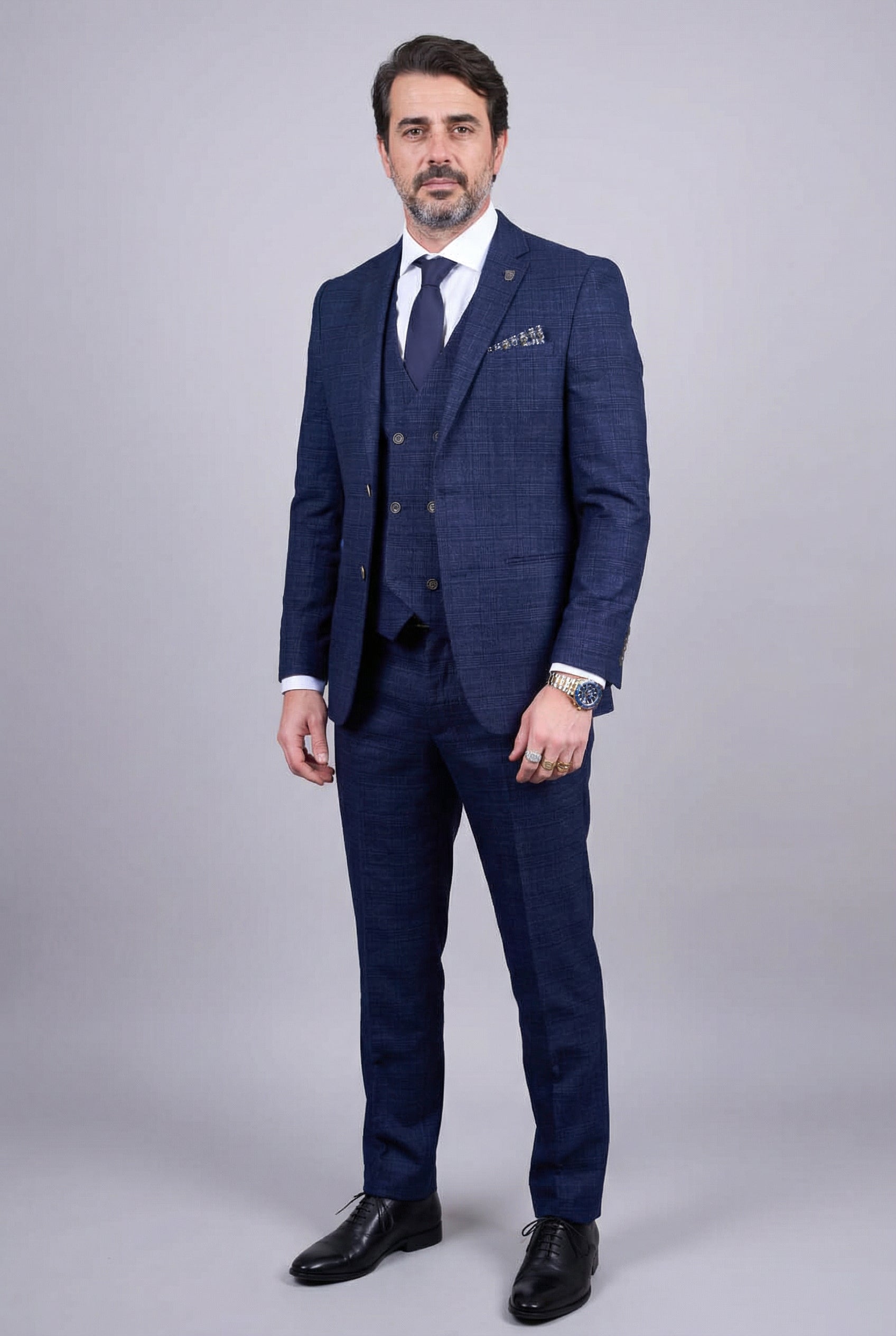 Men’s 3-Piece Tweed Like Glen Check Suit - Luis - Navy