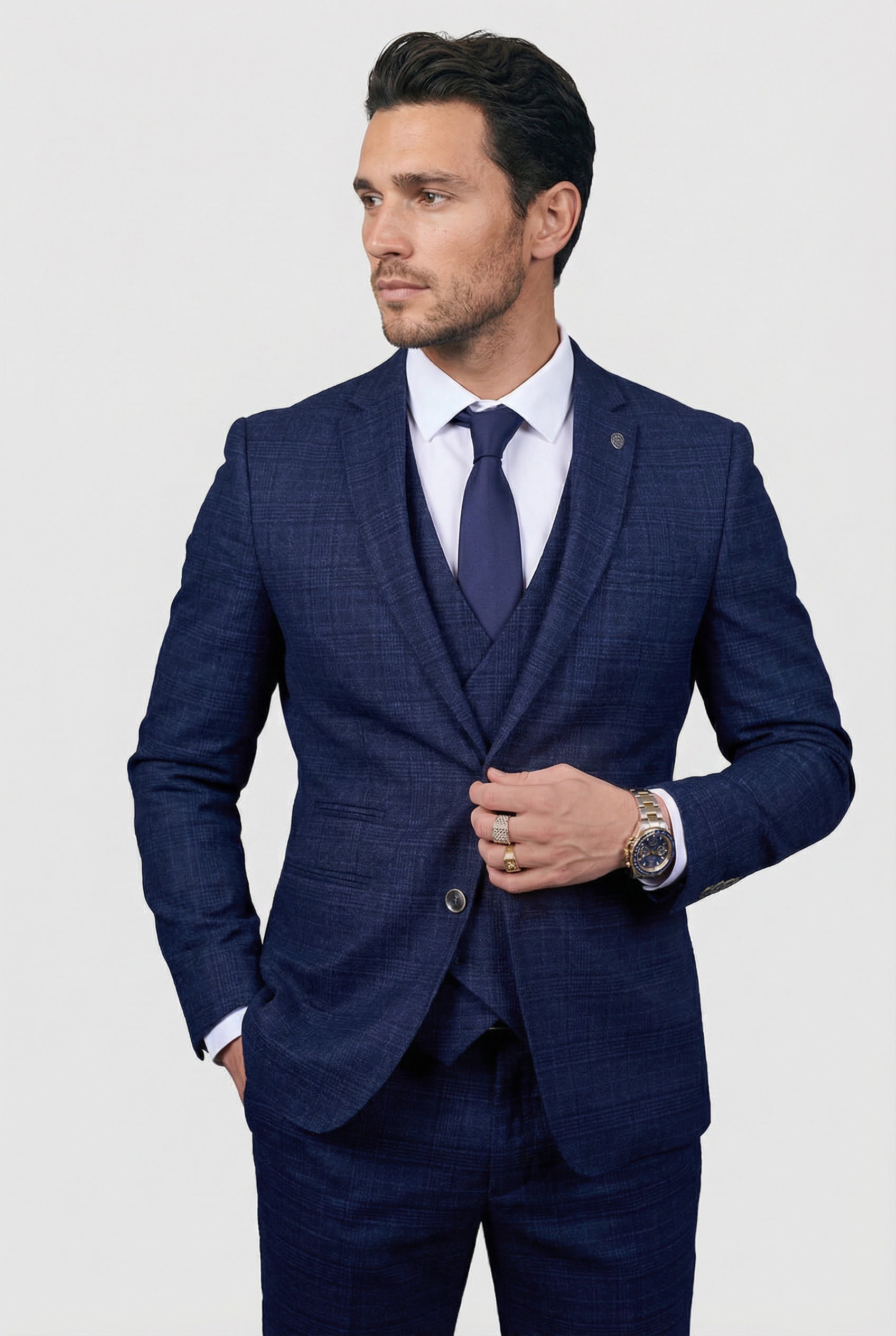 Men’s 3-Piece Tweed Like Glen Check Suit - Luis - Navy