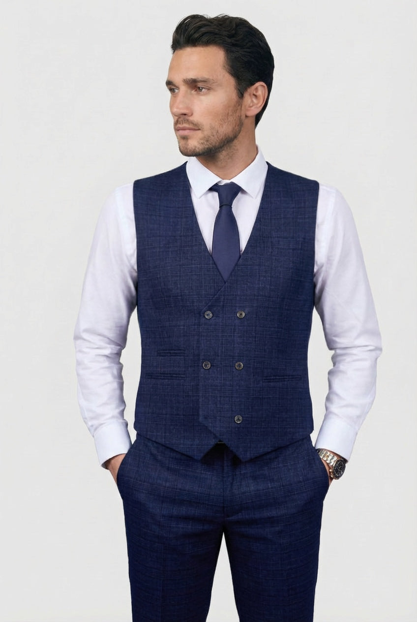 Men’s 3-Piece Tweed Like Glen Check Suit - Luis - Navy