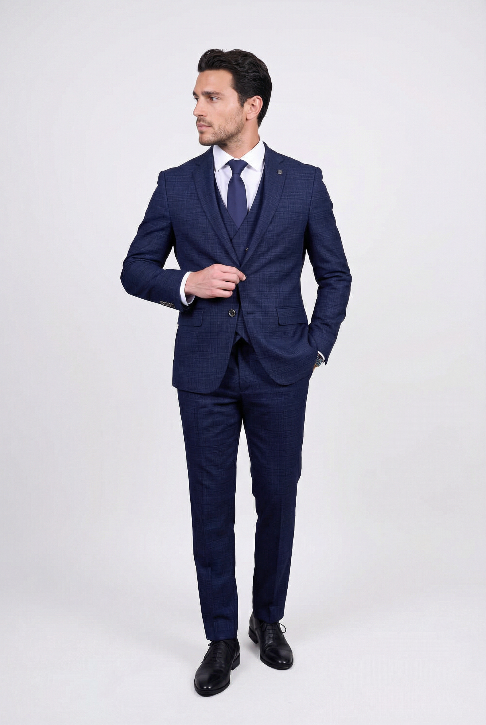 Men’s 3-Piece Tweed Like Glen Check Suit - Luis - Navy