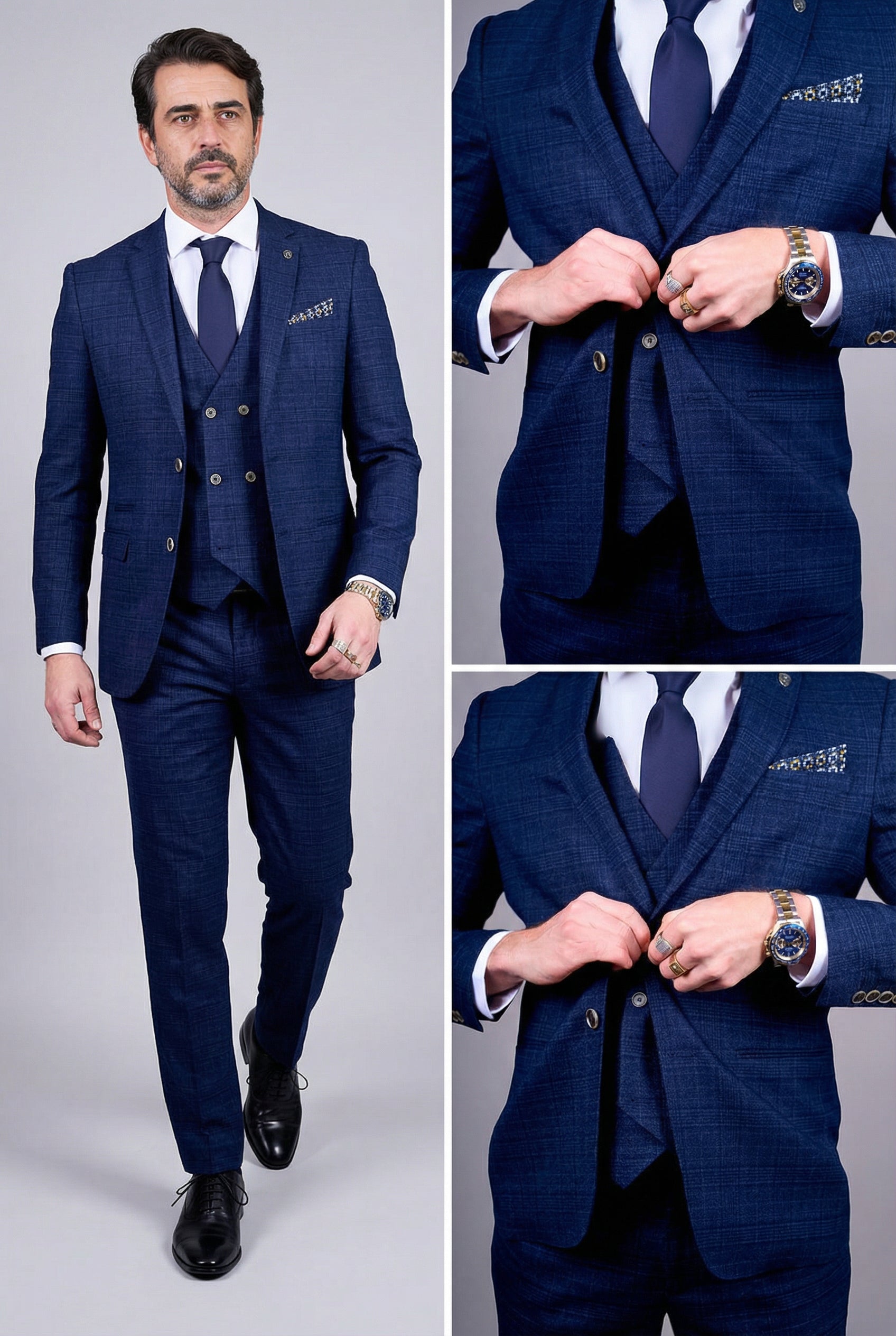 Men’s 3-Piece Tweed Like Glen Check Suit - Luis - Navy
