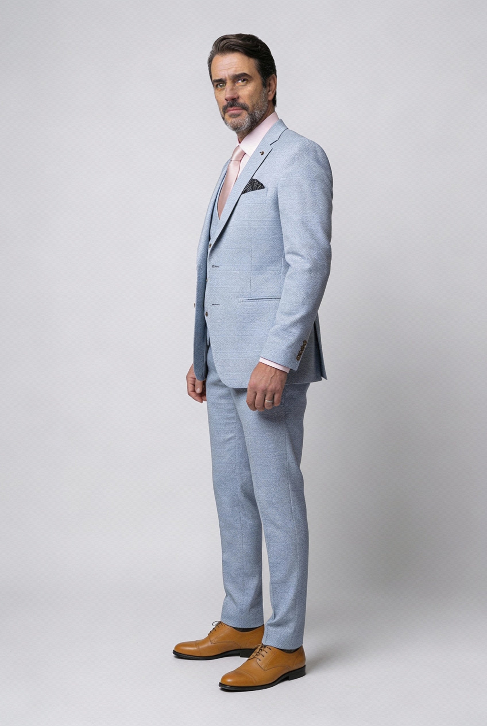 Men’s 3-Piece Tweed Like Glen Check Suit - Luis - Pale Blue