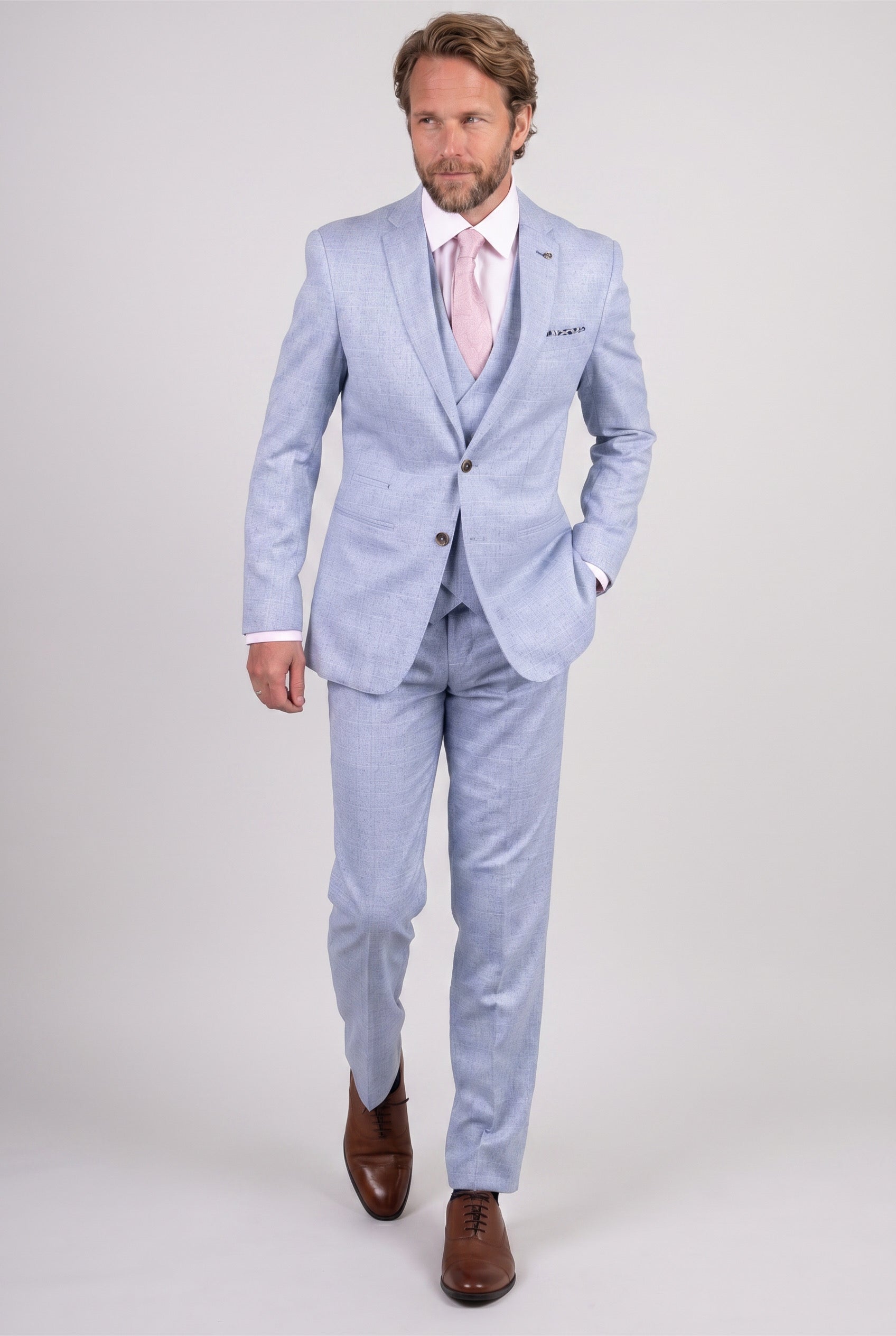 Men’s 3-Piece Tweed Like Glen Check Suit - Luis - Pale Blue