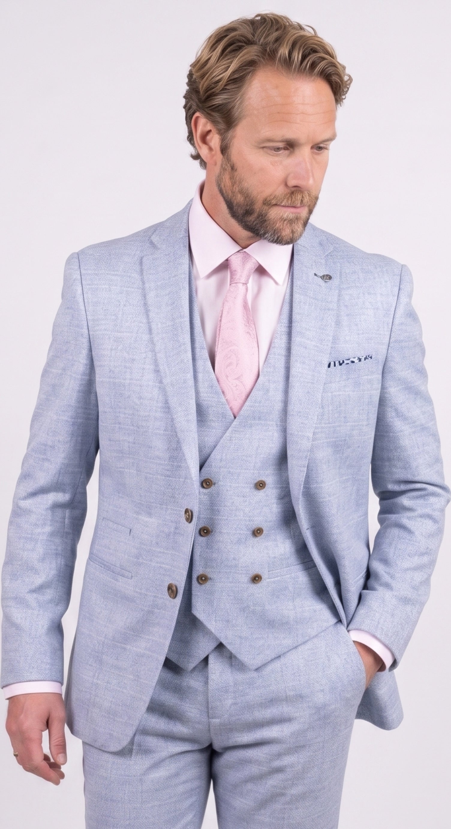 Men’s 3-Piece Tweed Like Glen Check Suit - Luis - Pale Blue