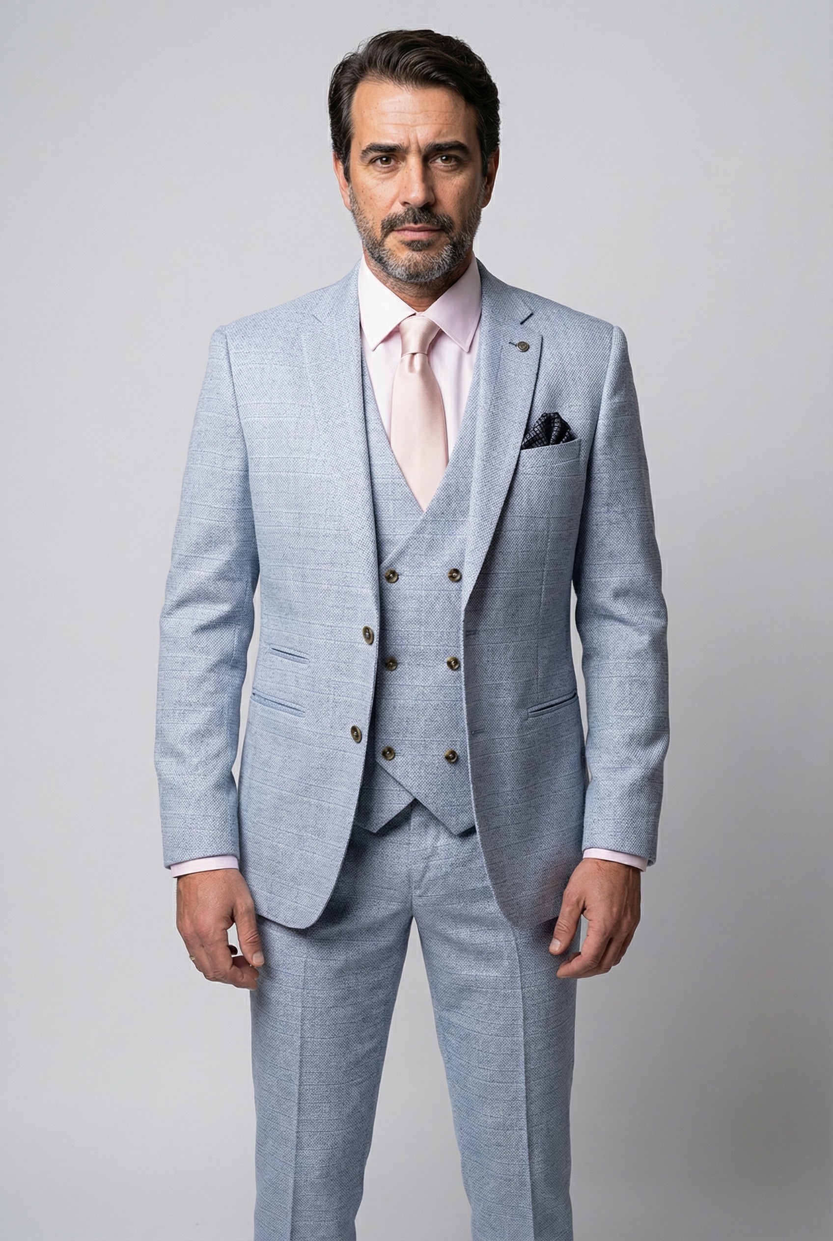 Men’s 3-Piece Tweed Like Glen Check Suit - Luis - Pale Blue