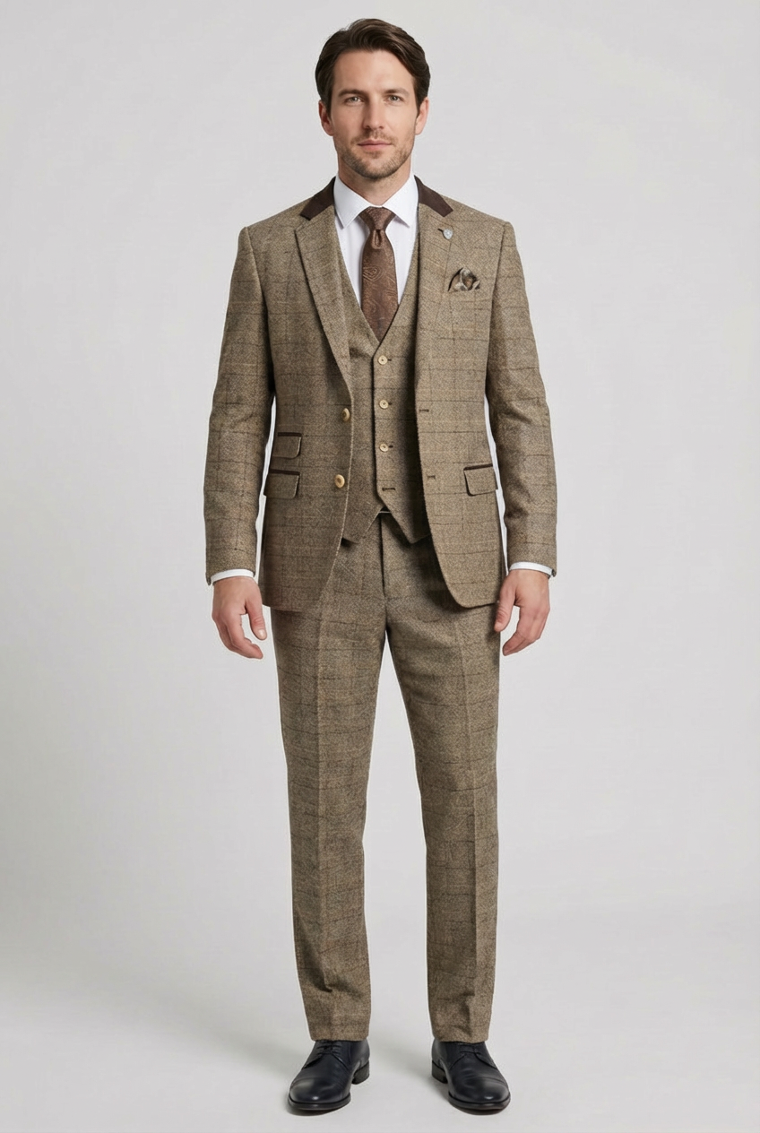 Men’s 3-Piece Windowpane Tweed Suit - Brown
