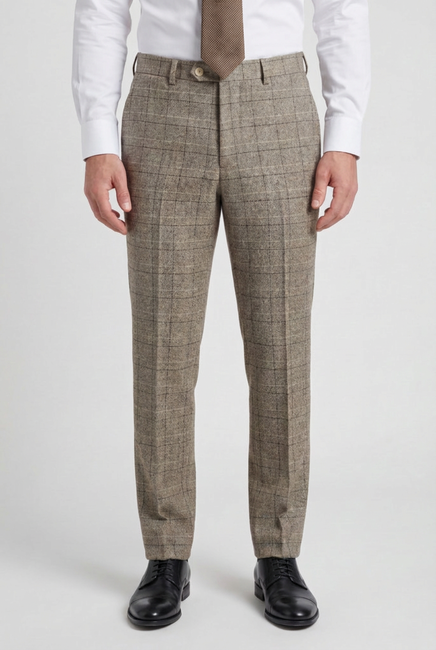 Men’s 3-Piece Windowpane Tweed Suit - Brown