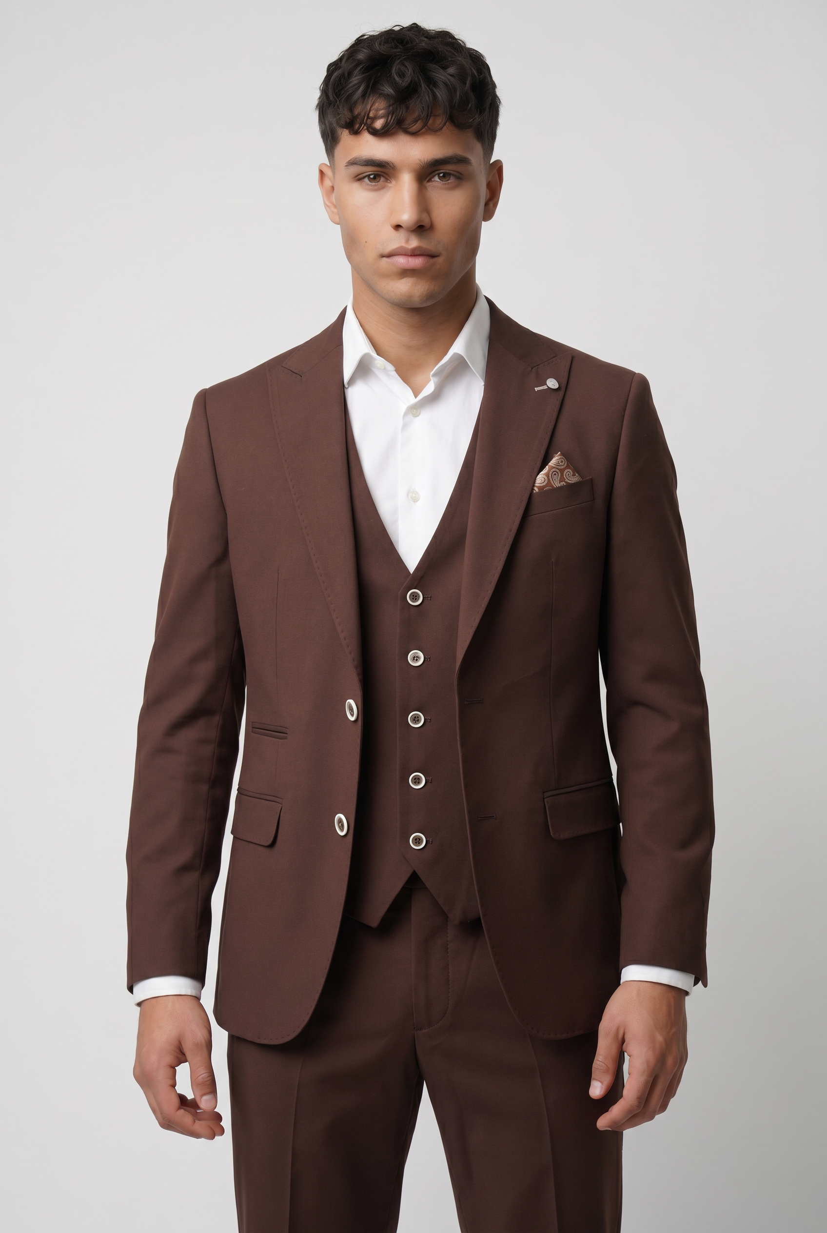 Men’s 3-Piece Wool Blend Formal Suit - Style PEDRO BROWN Front Picture