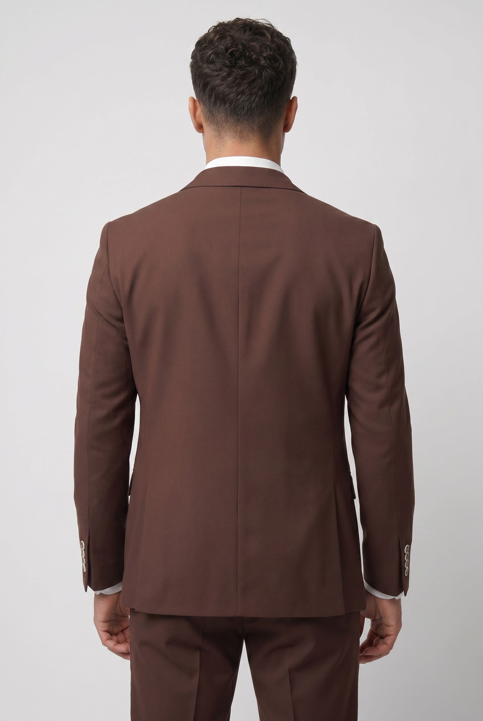 Men’s 3-Piece Wool Blend Formal Suit - Style PEDRO BROWN Model Back Picture