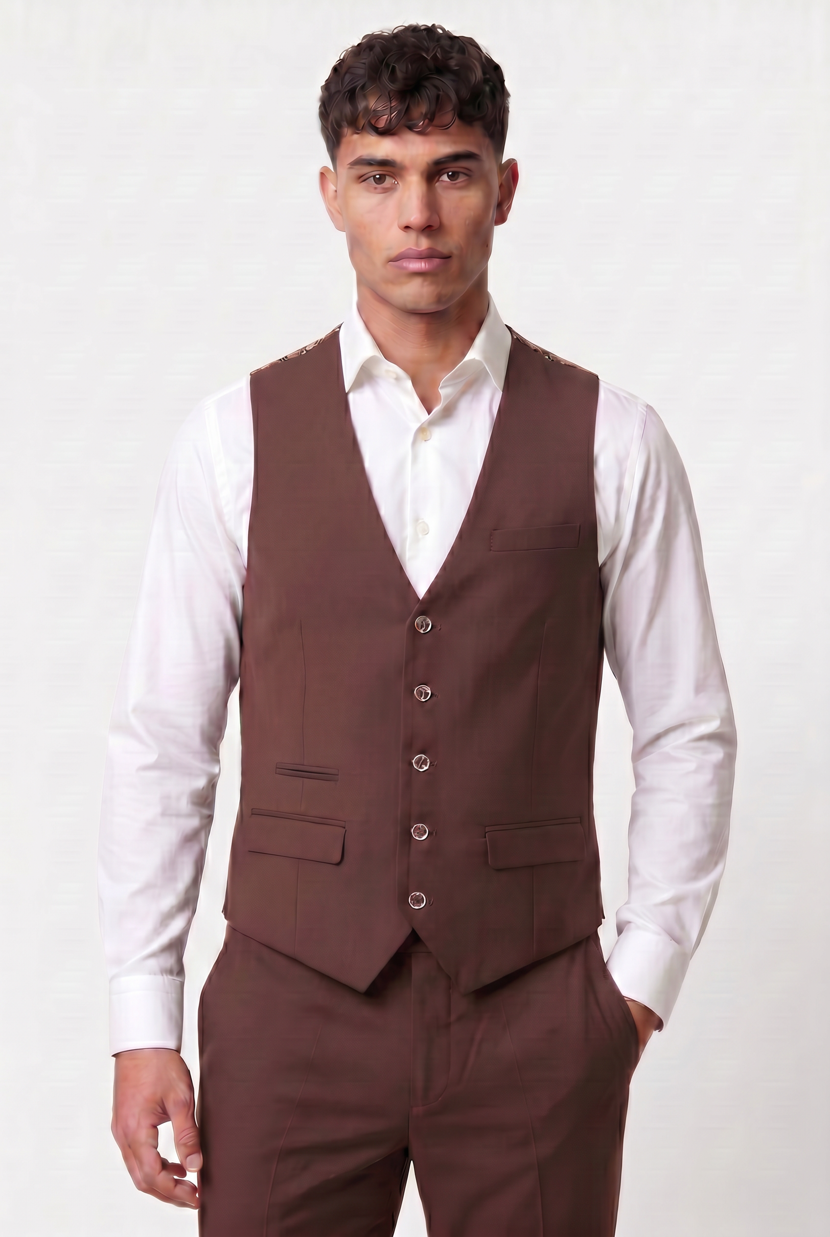 Men’s 3-Piece Wool Blend Formal Suit - Style PEDRO BROWN Model Waistcoat Picture