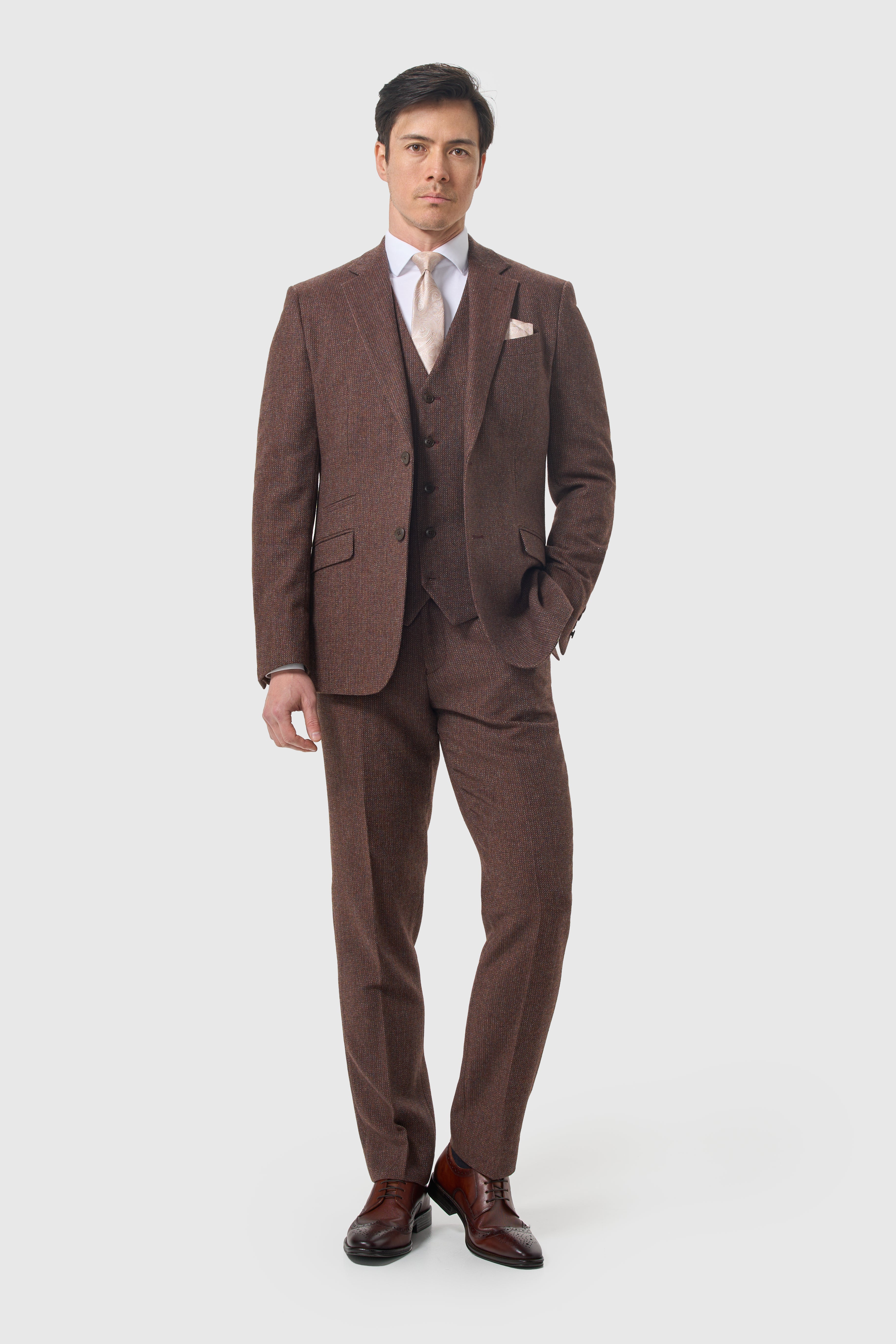 Men’s 3-Piece Wool Herringbone Tweed Suit - Thomas - Dark Mahogany