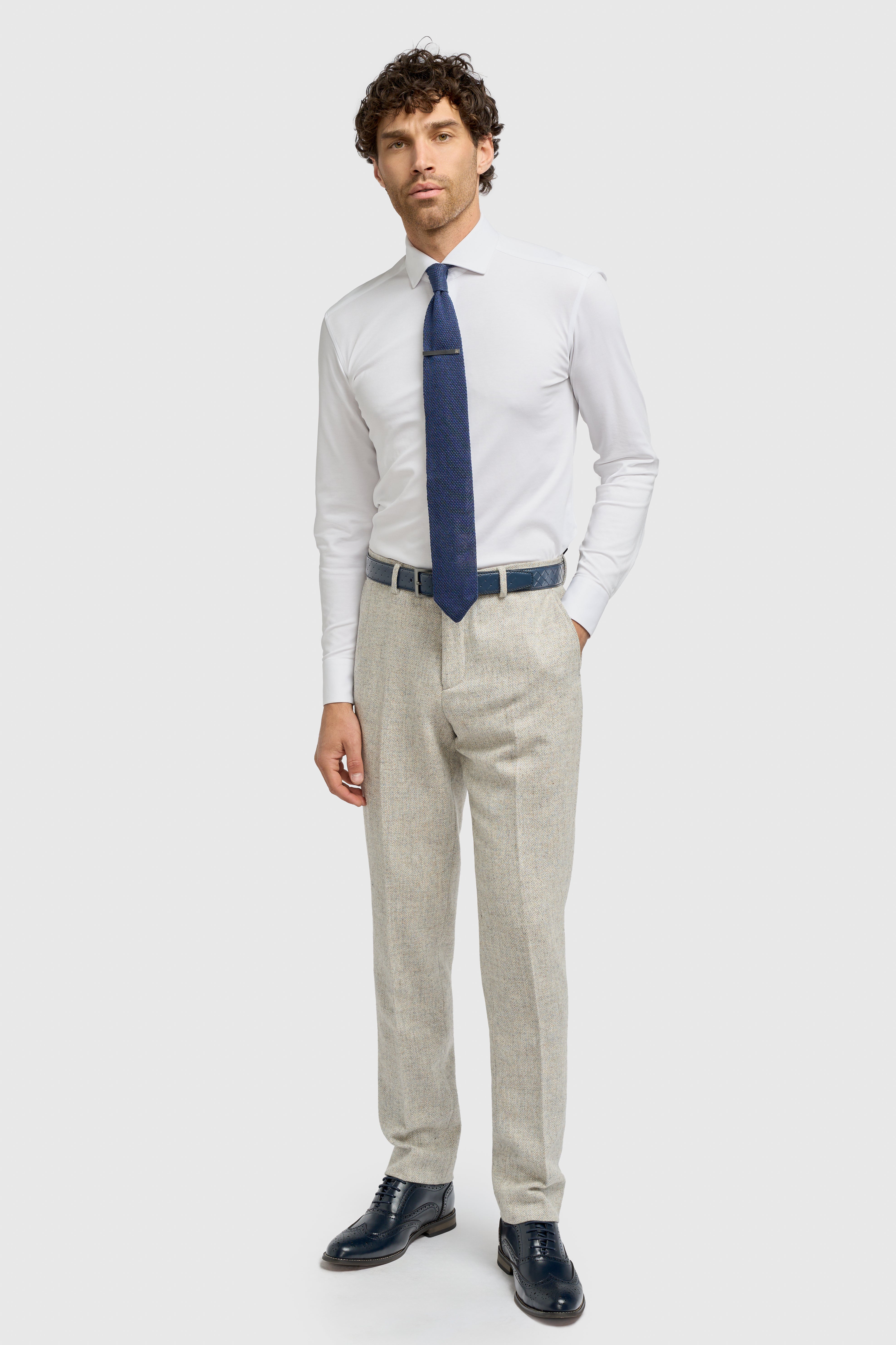 Men’s 3-Piece Wool Herringbone Tweed Suit - Thomas - Pearl Grey Trousers Picture