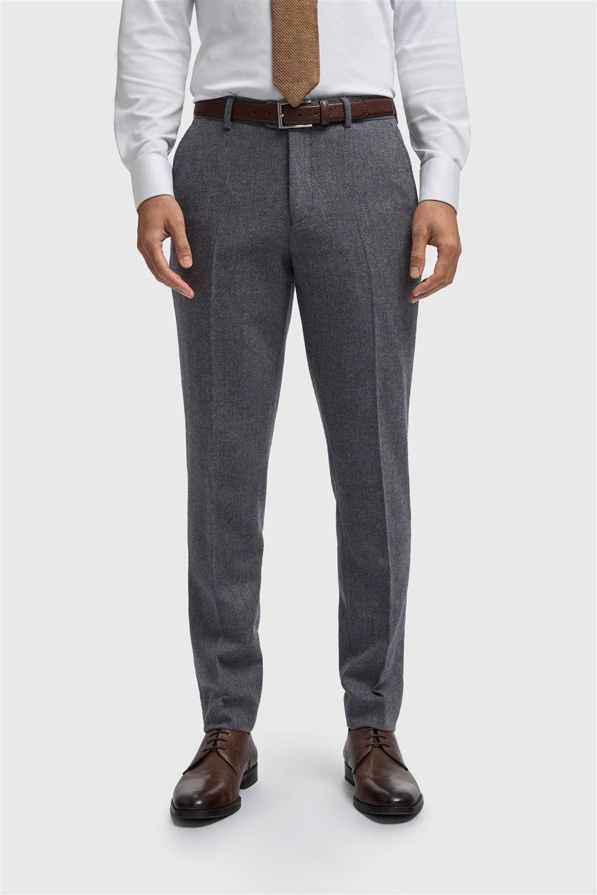 Men’s 3-Piece Wool Herringbone Tweed Suit - Thomas - Savoy Grey Trousers Front Picture