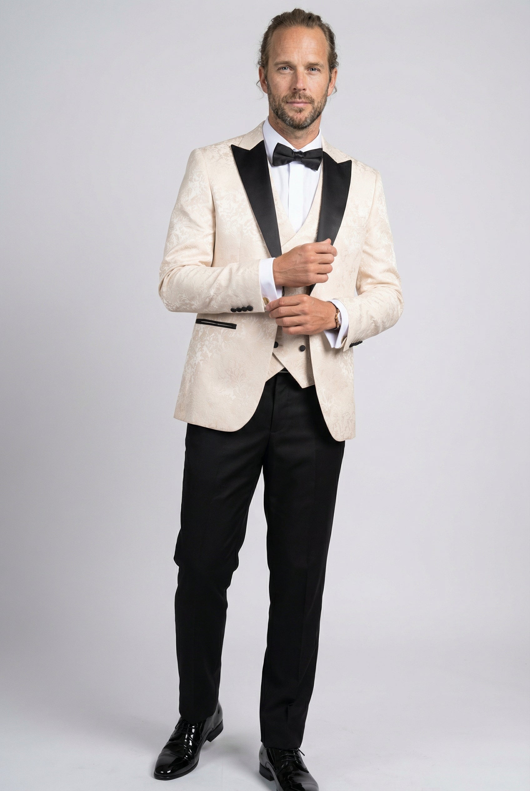 Men’s 4-Piece Cotton Blend Jacquard Tuxedo Suit with Double Breasted Waistcoat - Vincent -Cream Front Picture