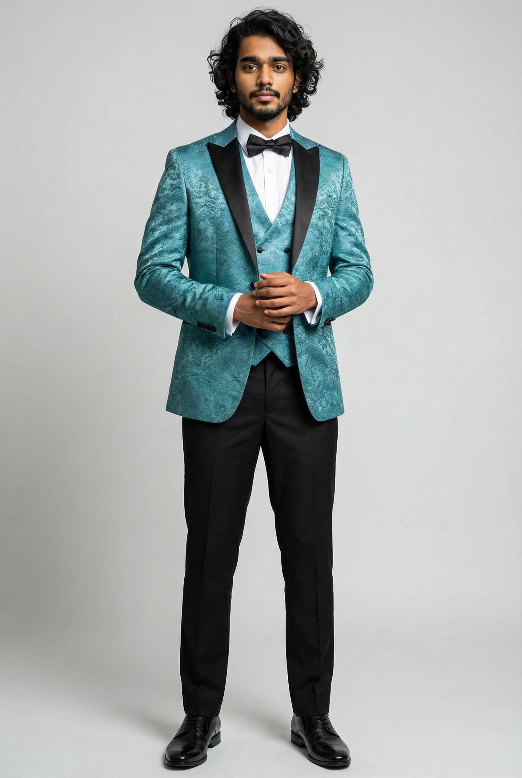 Men’s 4-Piece Cotton Blend Jacquard Tuxedo Suit with Double Breasted Waistcoat - Vincent -Green Front Picture
