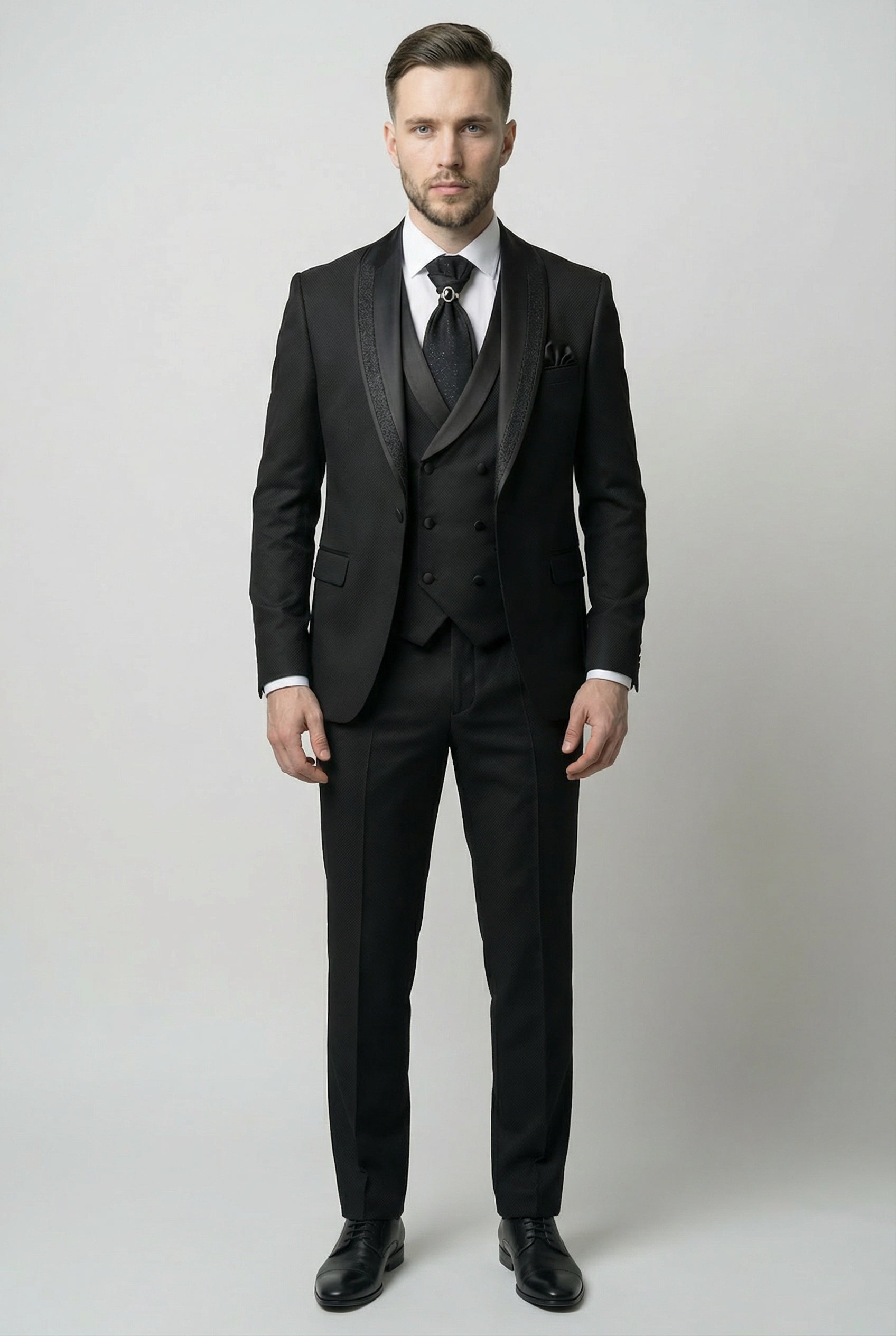Men’s 5-Piece Black Tuxedo Wedding Suit Set Model Front Picture