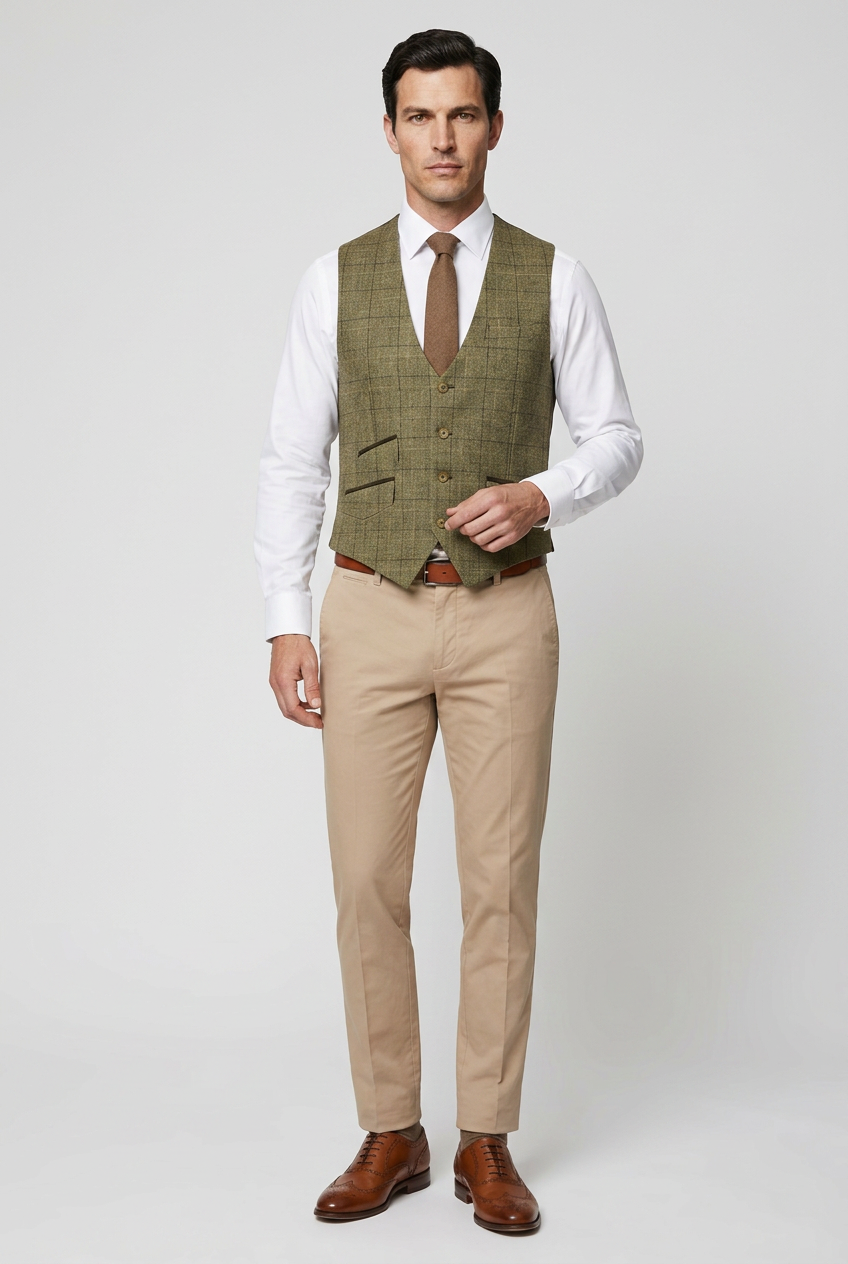Men's Beige Check Tweed Style Waistcoat – Slim Fit Formal Wedding Vest