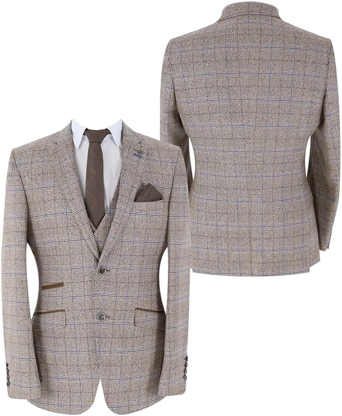 Men's Beige Prince of Wales Check 3 Piece Suit – Slim Fit Wedding Suit with Double-Breasted Waistcoat