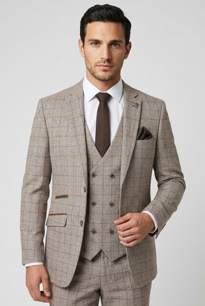 Men's Beige Prince of Wales Check 3 Piece Suit – Slim Fit Wedding Suit with Double-Breasted Waistcoat