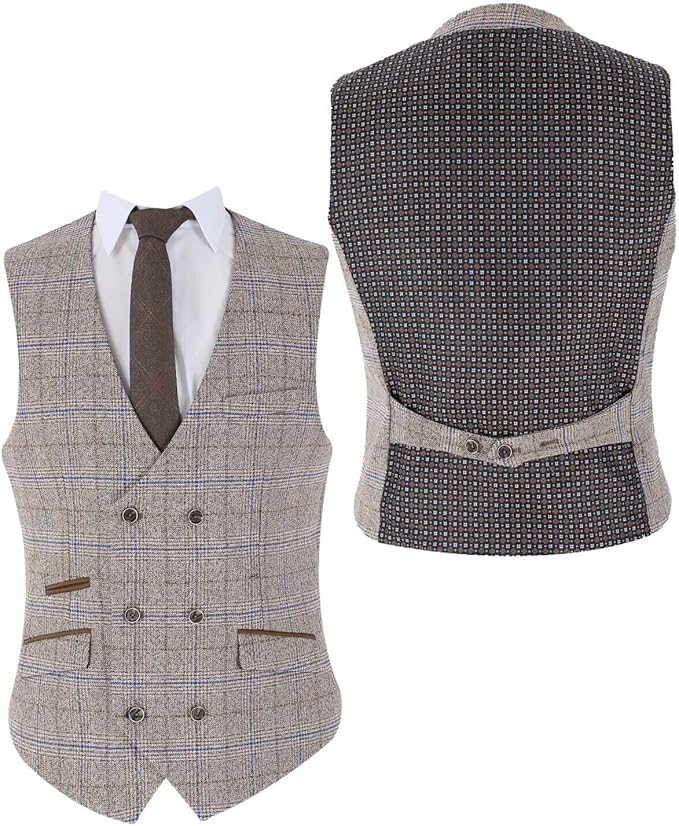 Men's Beige Prince of Wales Check 3 Piece Suit – Slim Fit Wedding Suit with Double-Breasted Waistcoat