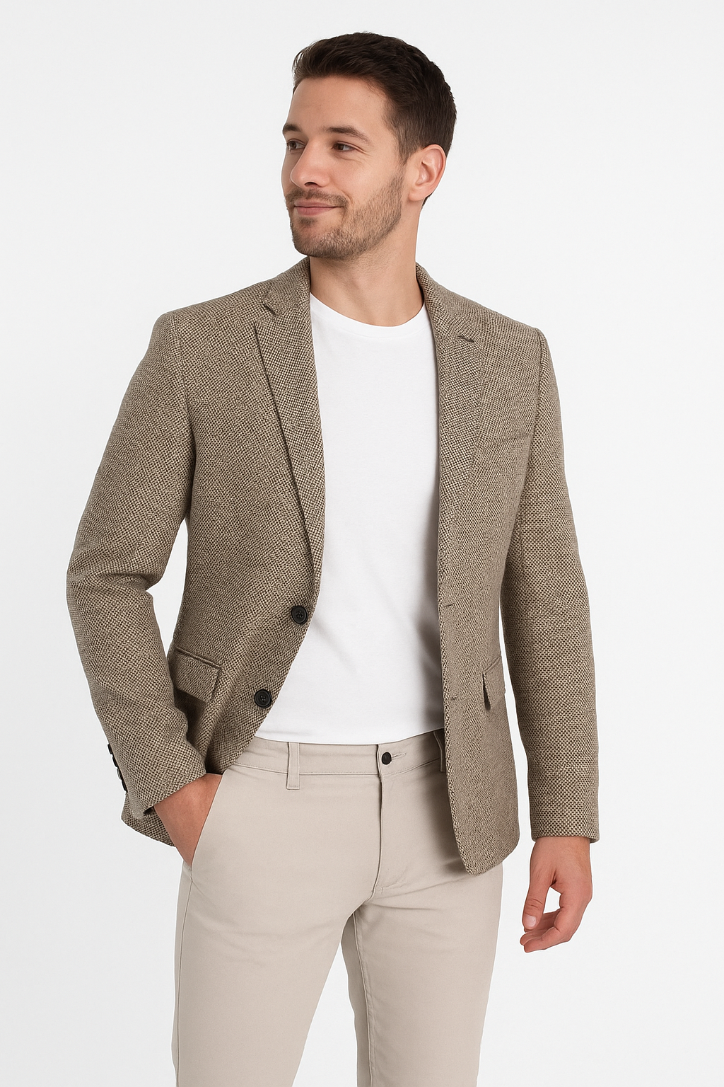 Men’s Beige Tweed Blazer with Vintage Car Print Lining – Smart Casual Jacket