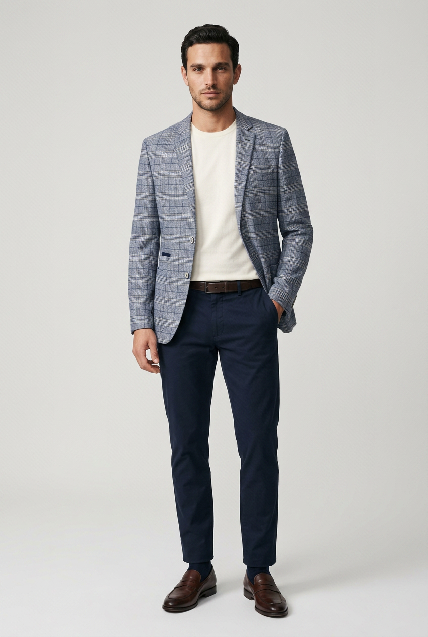Men's Blue Windowpane Check Slim Fit Blazer Jacket