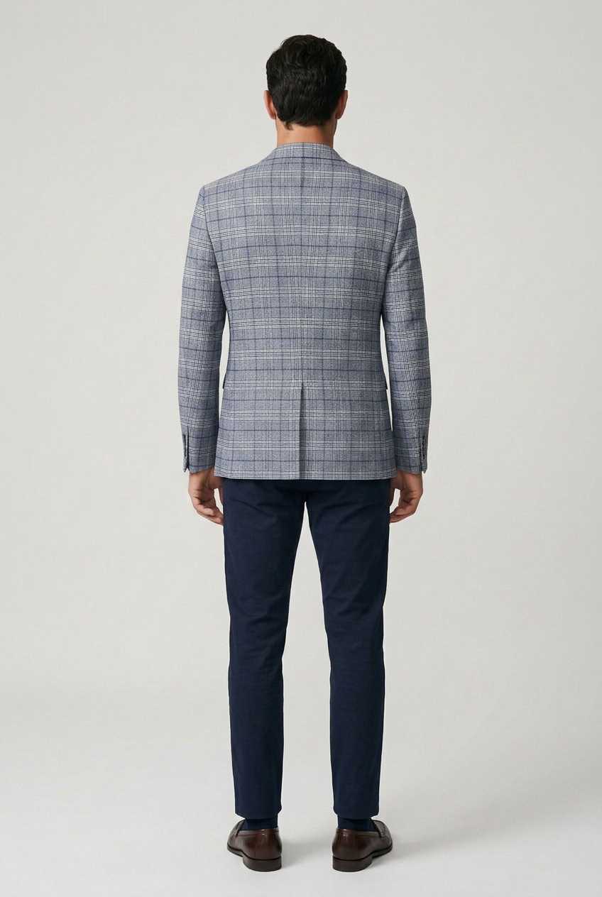Men's Blue Windowpane Check Slim Fit Blazer Jacket