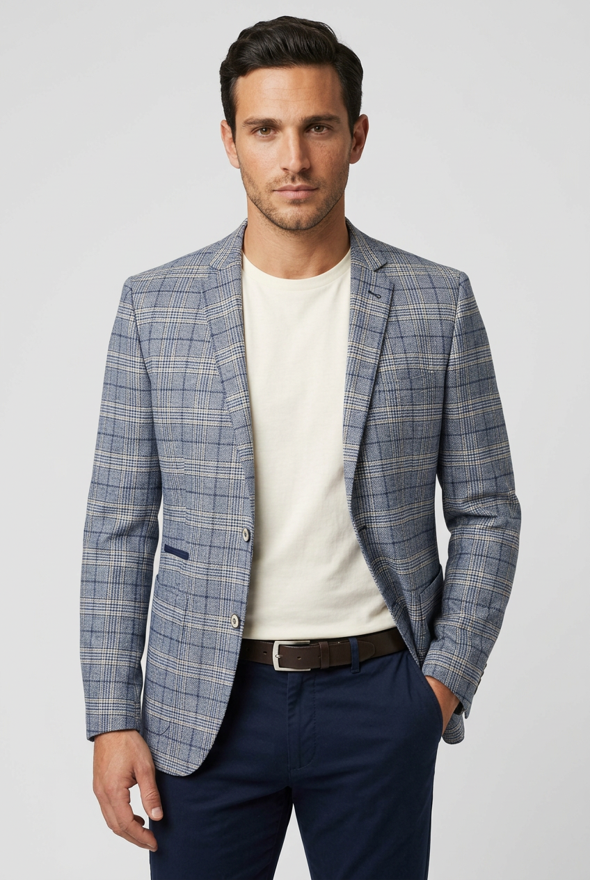 Men's Blue Windowpane Check Slim Fit Blazer Jacket
