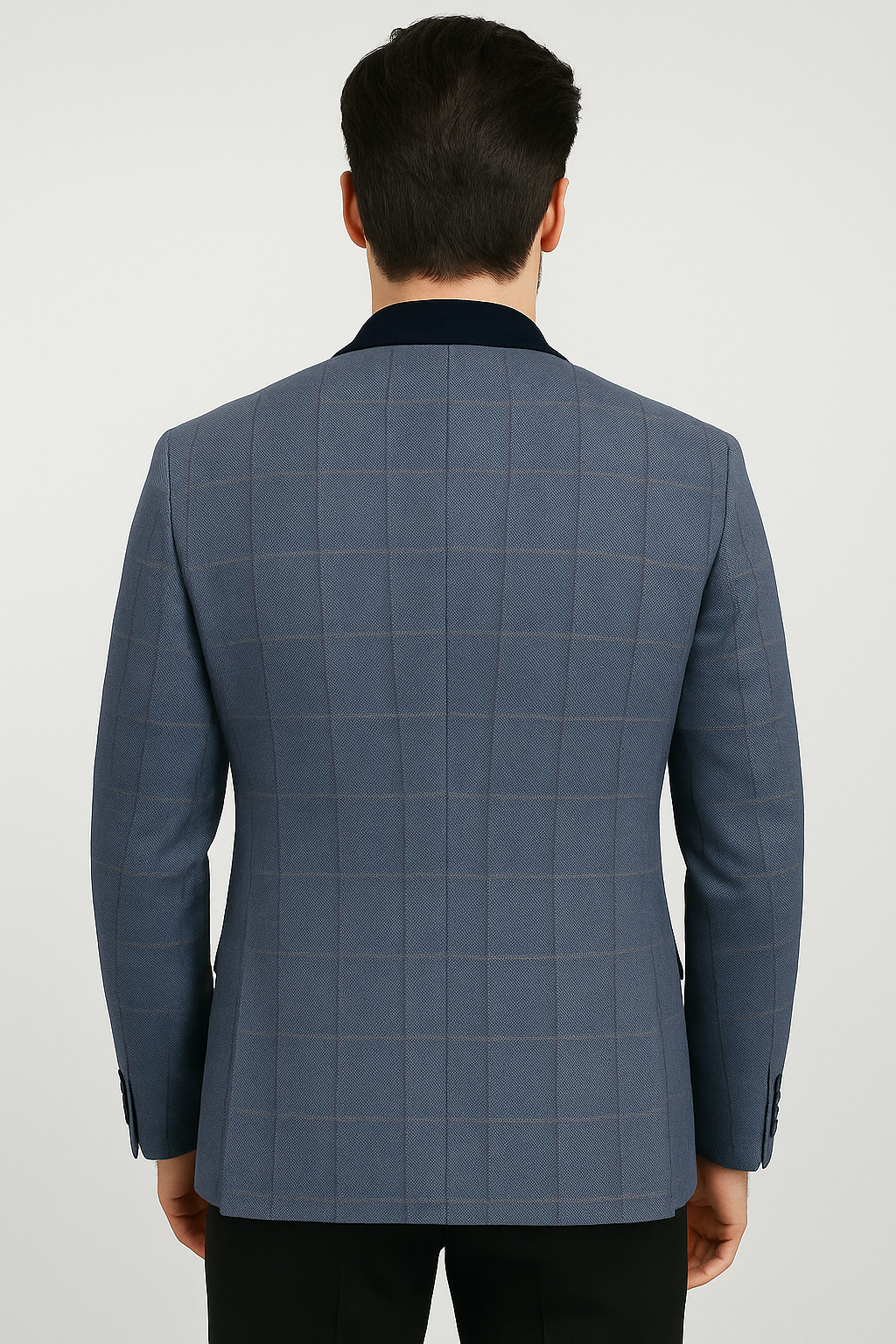 Men’s Blue Windowpane Slim Fit Blazer with Velvet Collar Back picture