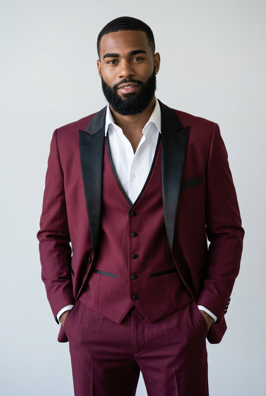 Men’s Burgundy 3 Piece Tuxedo Suit with Black Satin Lapel