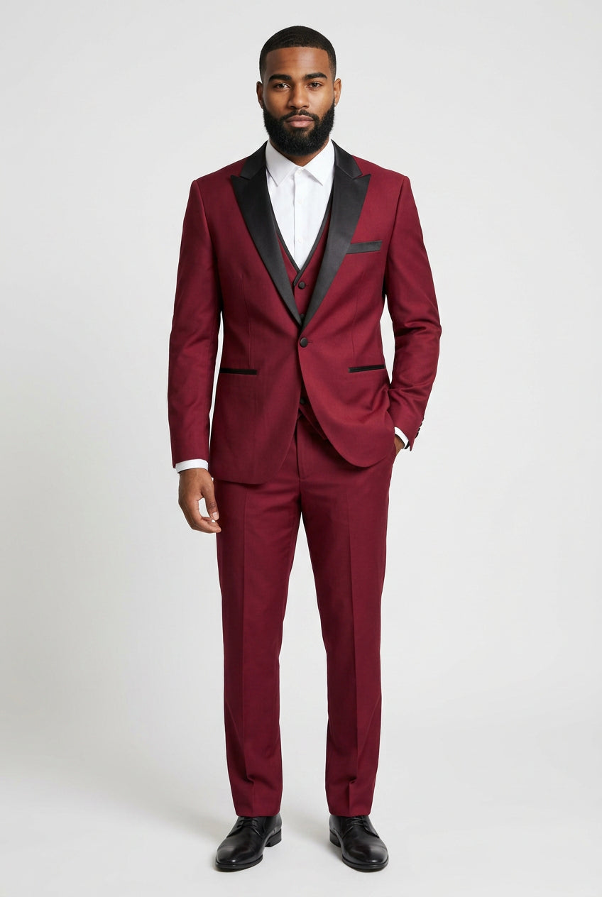 Men’s Burgundy 3 Piece Tuxedo Suit with Black Satin Lapel