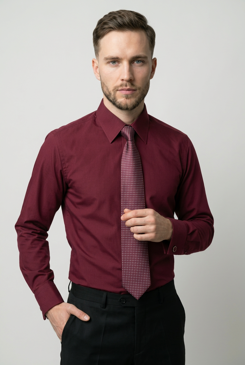 Men’s Burgundy Formal Shirt Set with Patterned Tie and Cufflinks