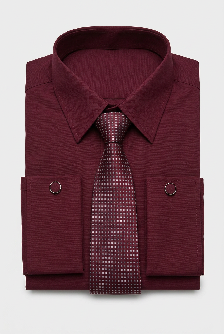 Men’s Burgundy Formal Shirt Set with Patterned Tie and Cufflinks