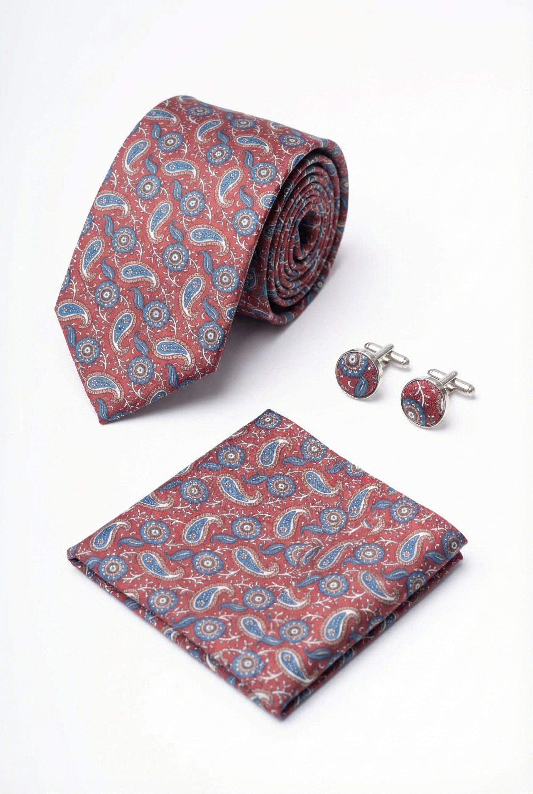 Men’s Burgundy Paisley Tie & Hanky with Cufflink Set - Joshua