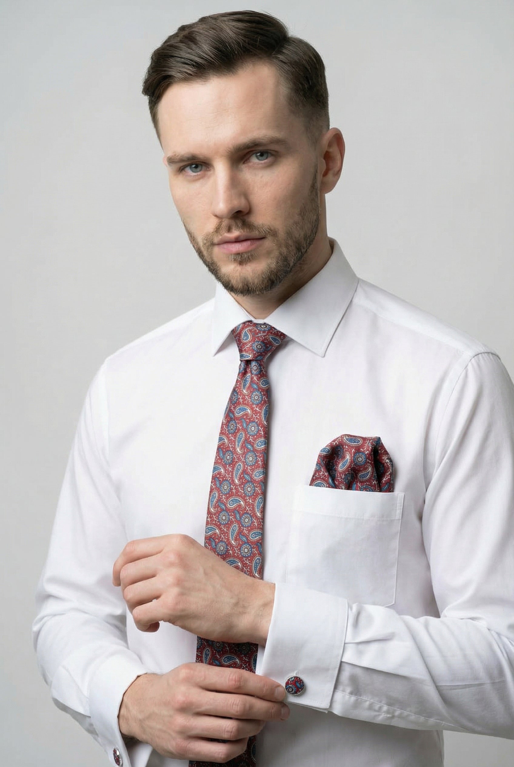 Men’s Burgundy Paisley Tie & Hanky with Cufflink Set - Joshua