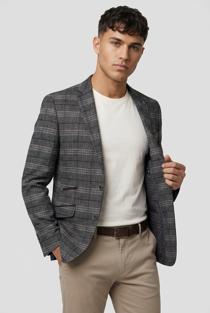Men’s Charcoal Grey Check Tailored Fit Blazer - SEBASTIAN