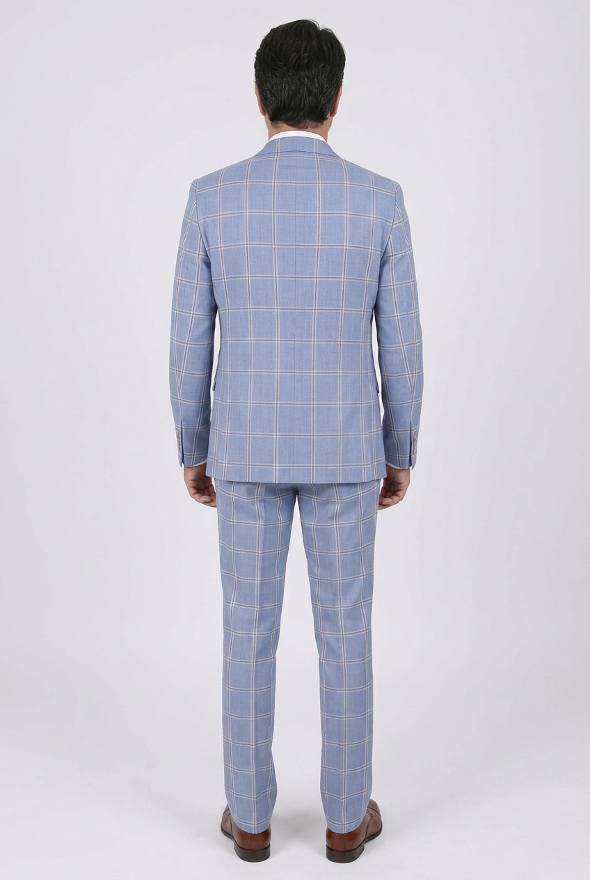 Men’s Check 3 Piece Suit - Style PARADISE Light Blue