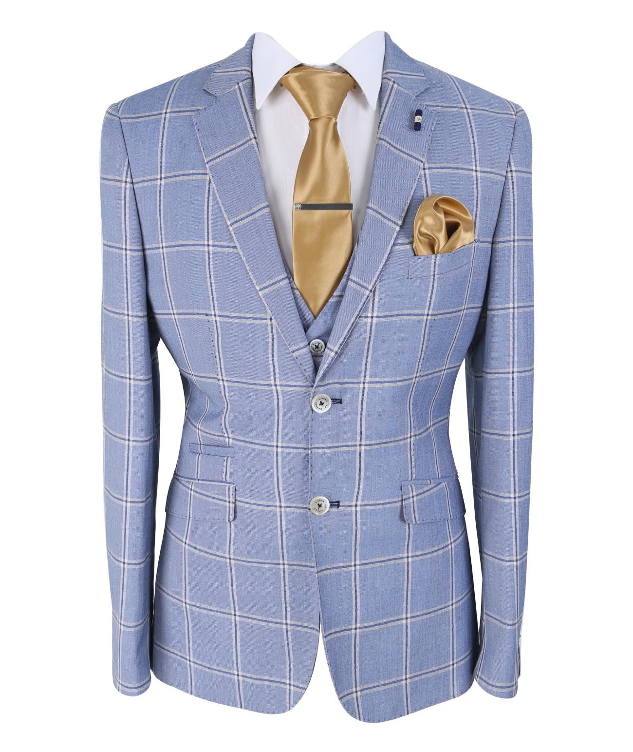 Men’s Check 3 Piece Suit - Style PARADISE Light Blue