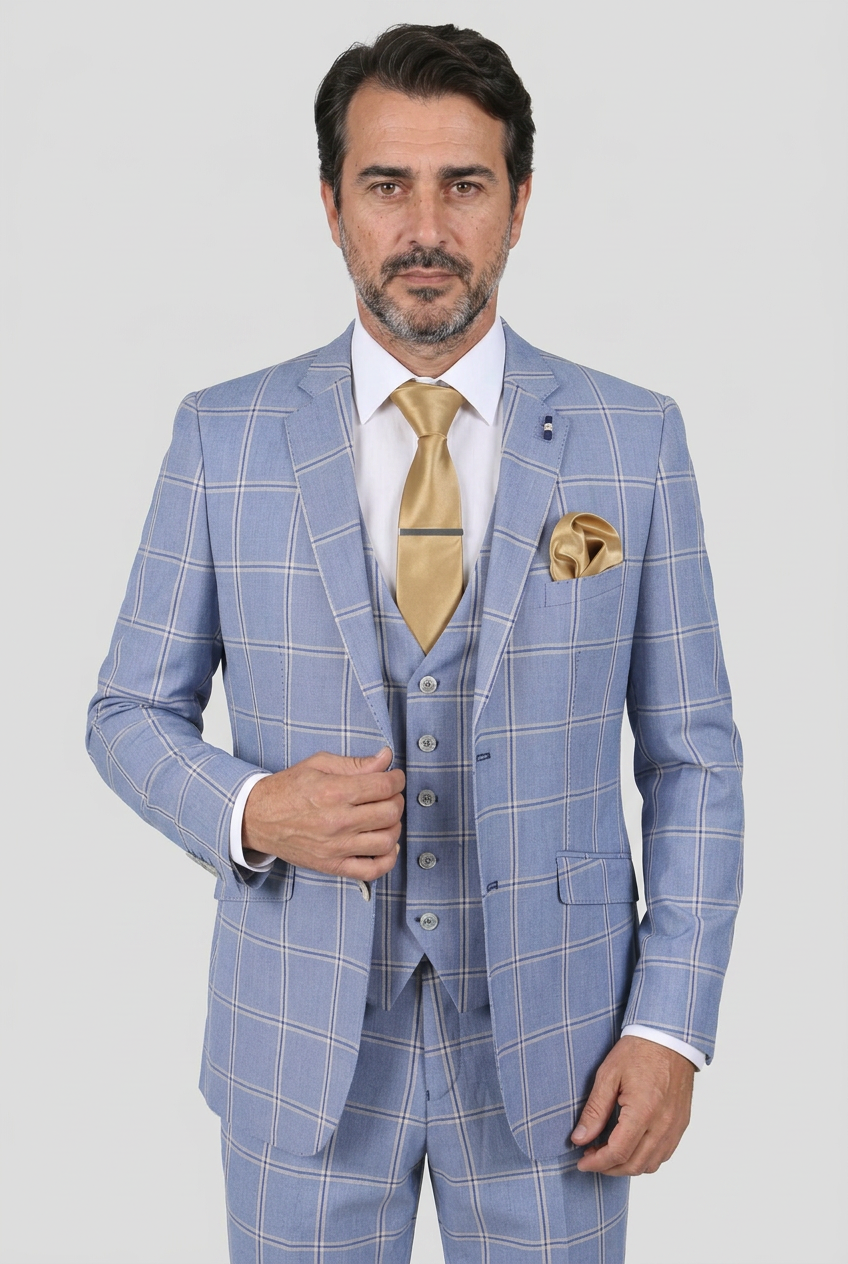 Men’s Check 3 Piece Suit - Style PARADISE Light Blue