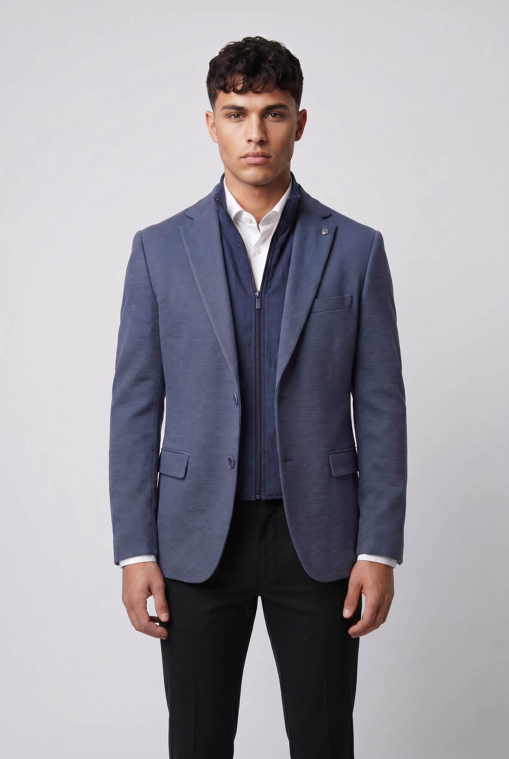 Men’s Cotton Blend Textured Blazer with Zip-Front Bib - Navy